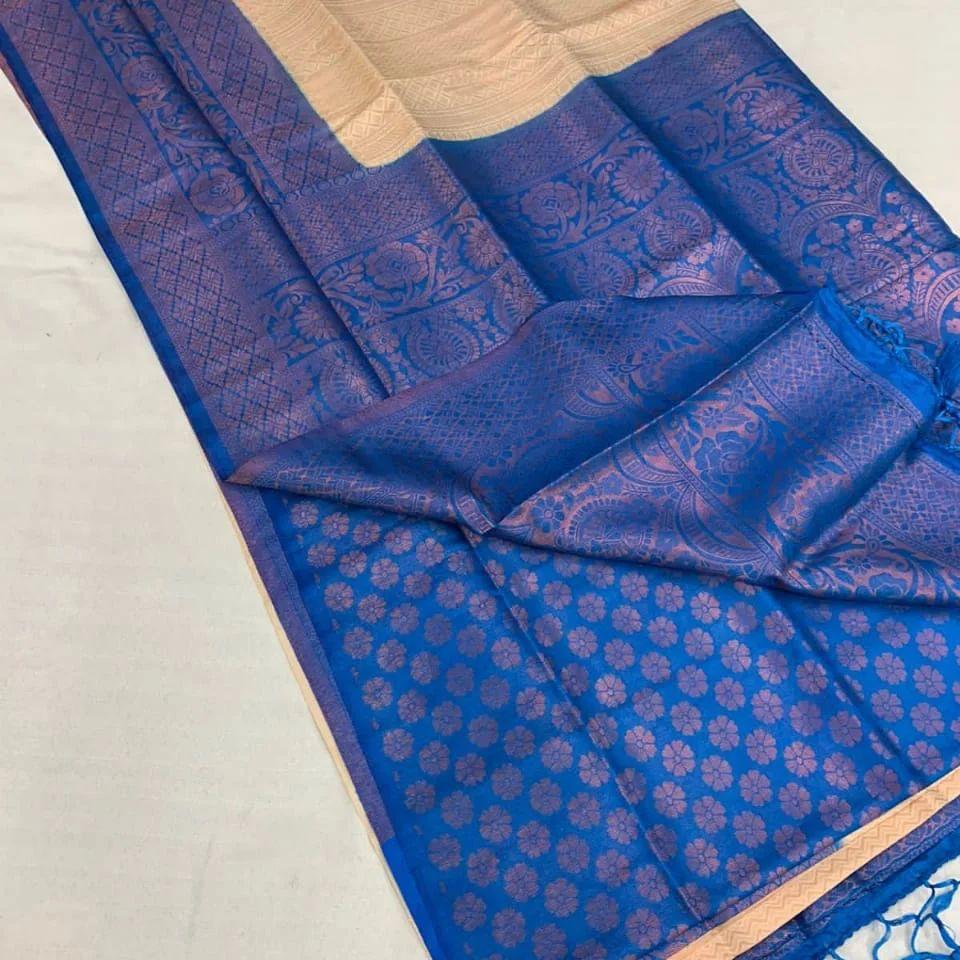 Off White Nd Royal Blue Soft Silk  Saree