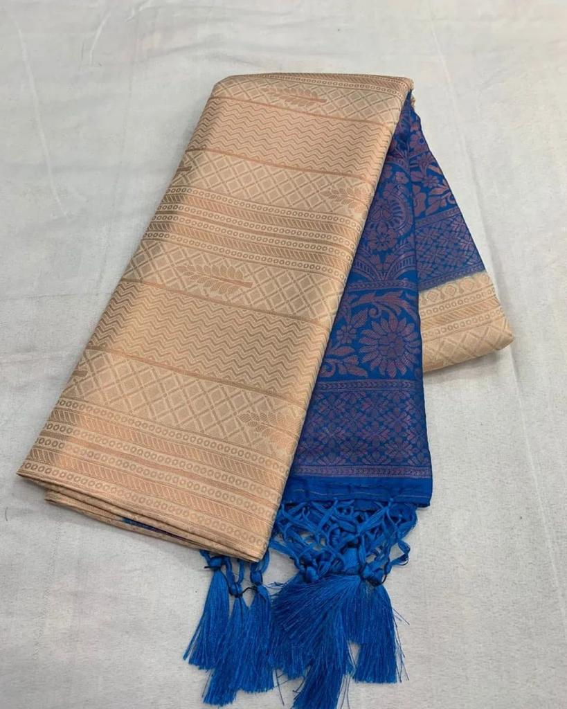 Off White Nd Royal Blue Soft Silk  Saree