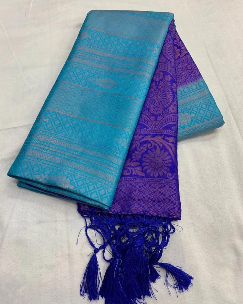 Sky Nd Blue Soft Silk  Saree