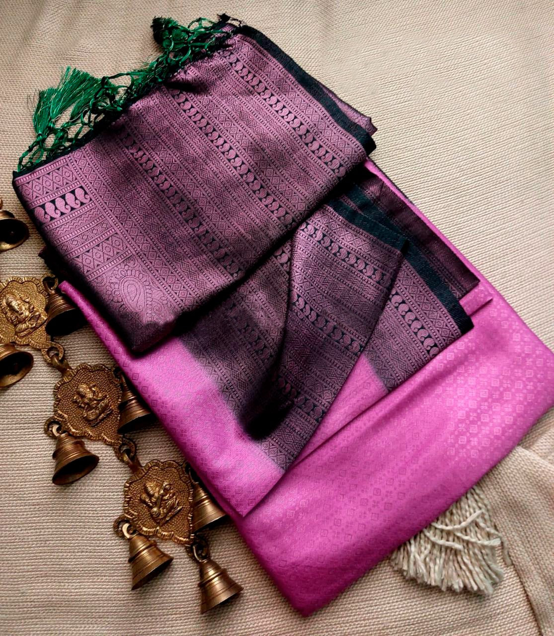 Pink Nd Bottal Green Soft Silk  Saree