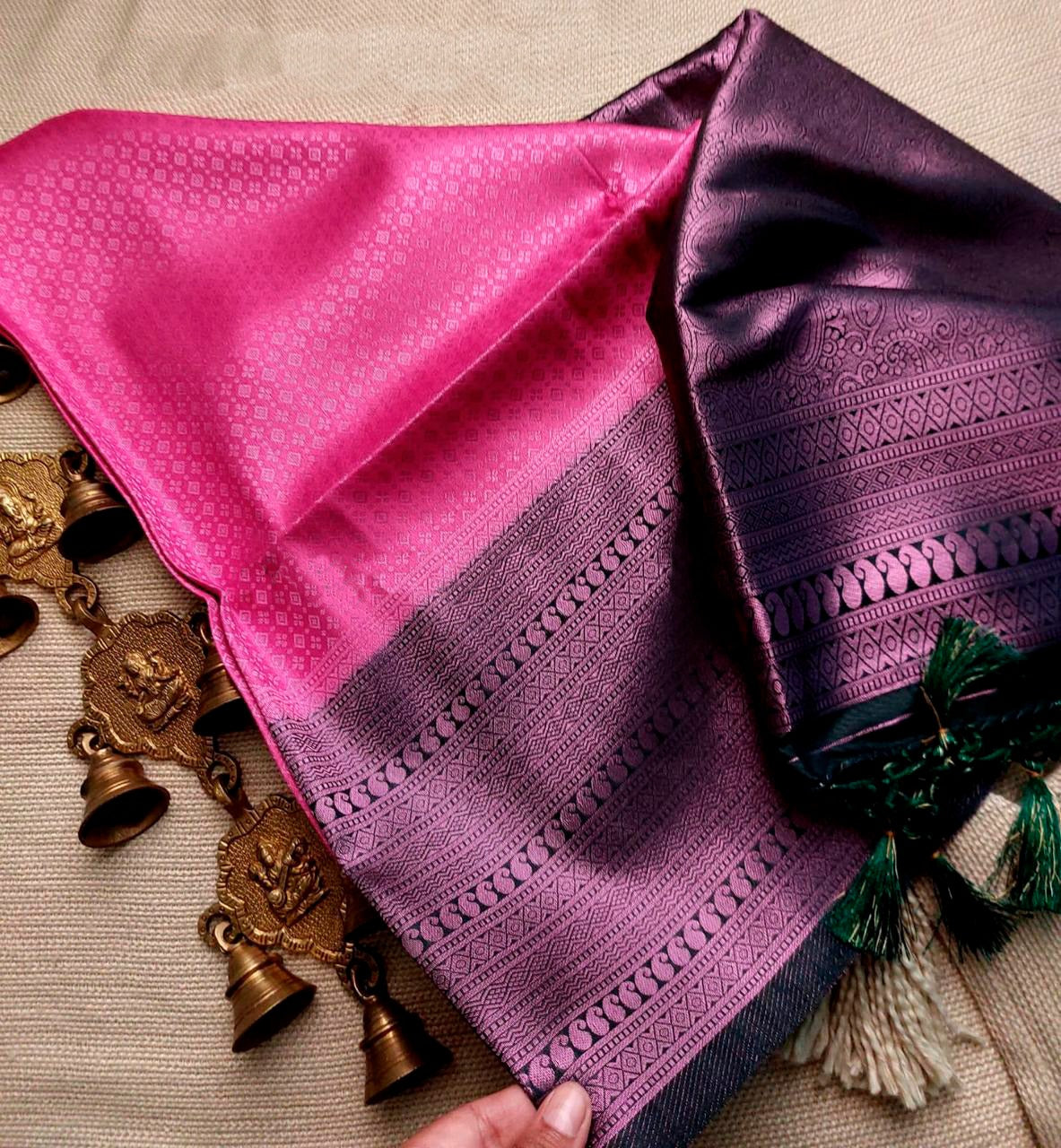 Pink Nd Bottal Green Soft Silk  Saree