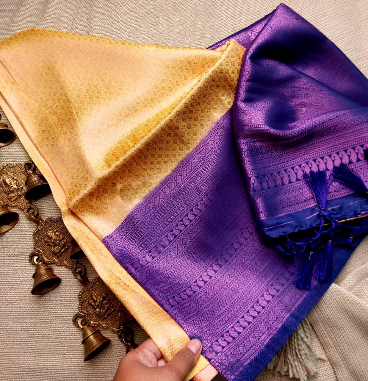 Light Yellow Nd R Blue Soft Silk Saree