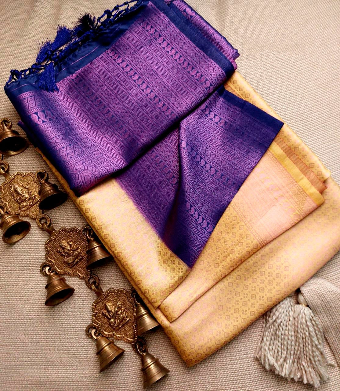 Light Yellow Nd R Blue Soft Silk Saree