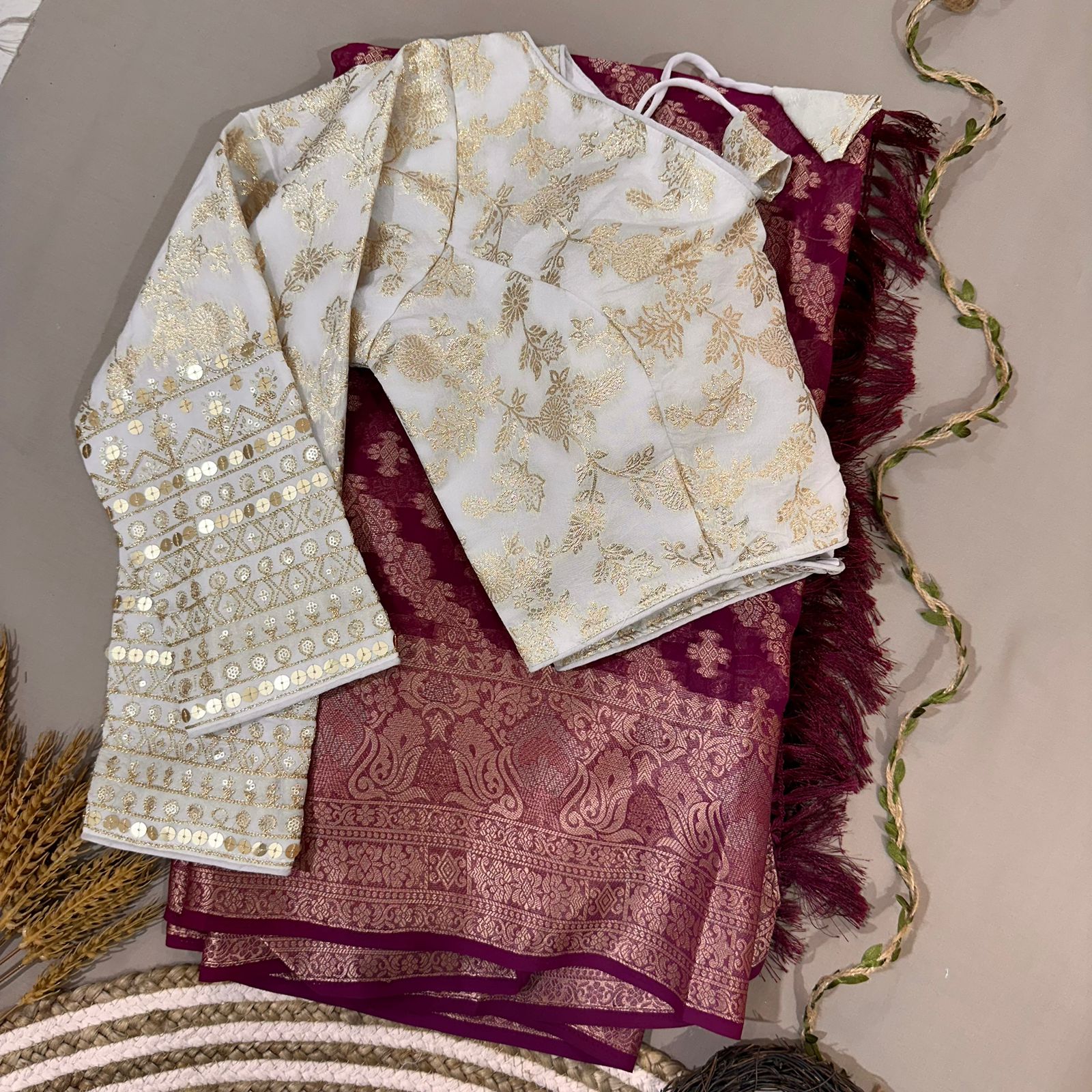 Wine Geourgette Silk Saree With Redymade Blouse