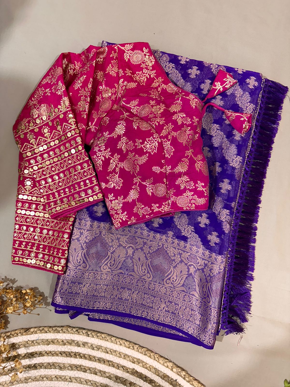 Purple Semi Geourgette Silk Saree With Redymade Blouse