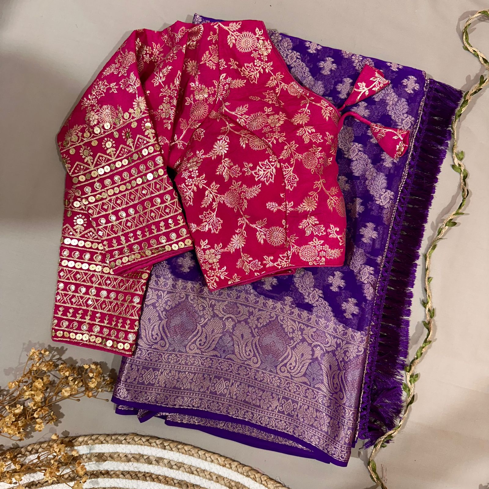 Purple Semi Geourgette Silk Saree With Redymade Blouse