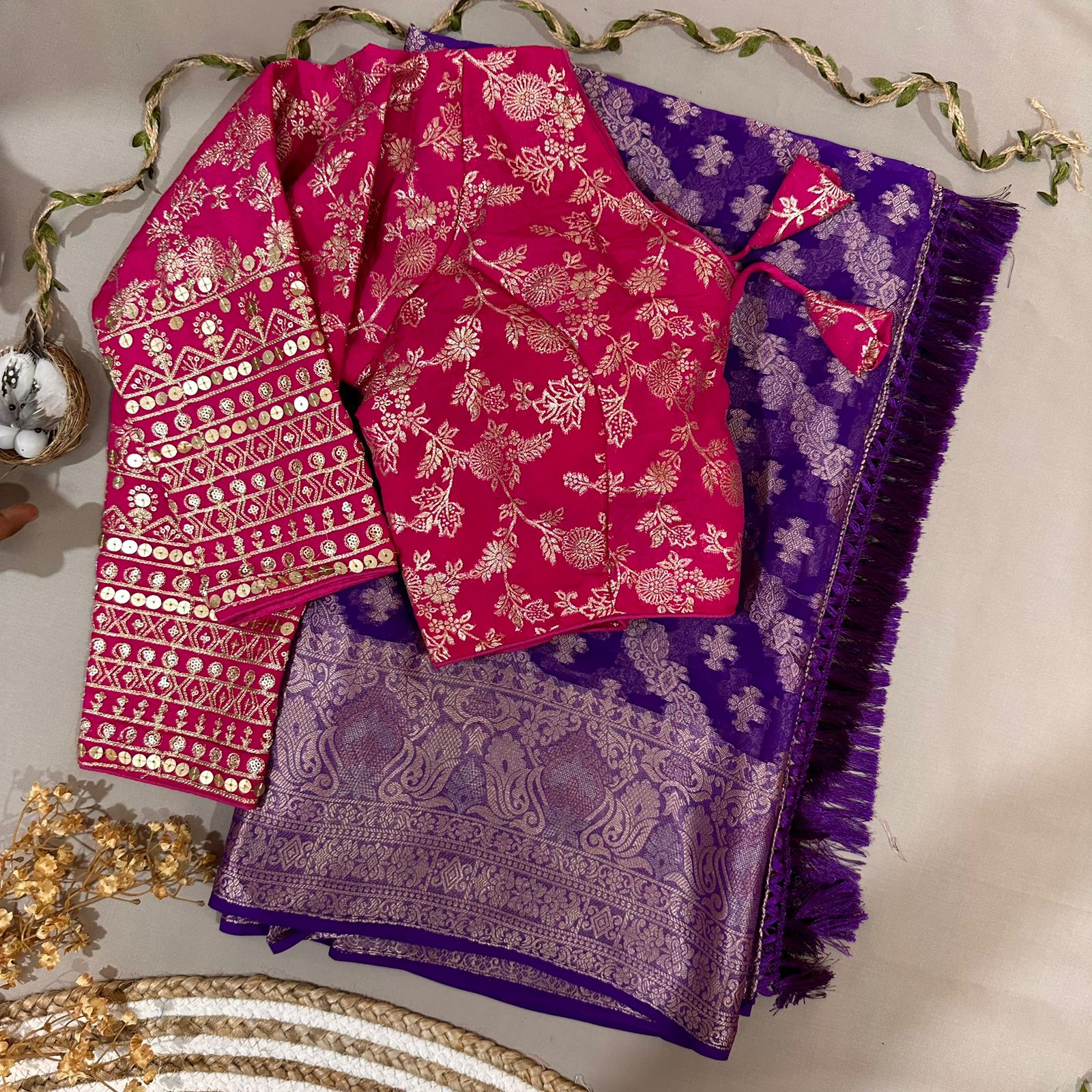 Purple Semi Geourgette Silk Saree With Redymade Blouse