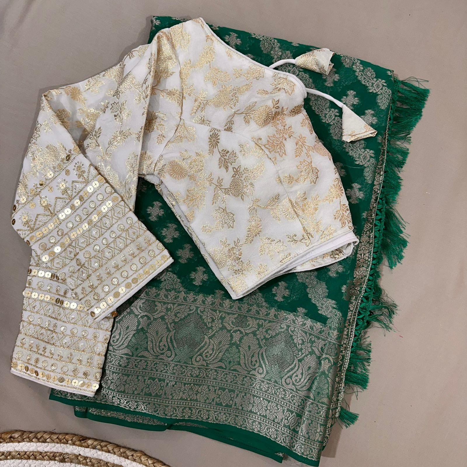 C Green Semi Geourgette Silk Saree With Redymade Blouse