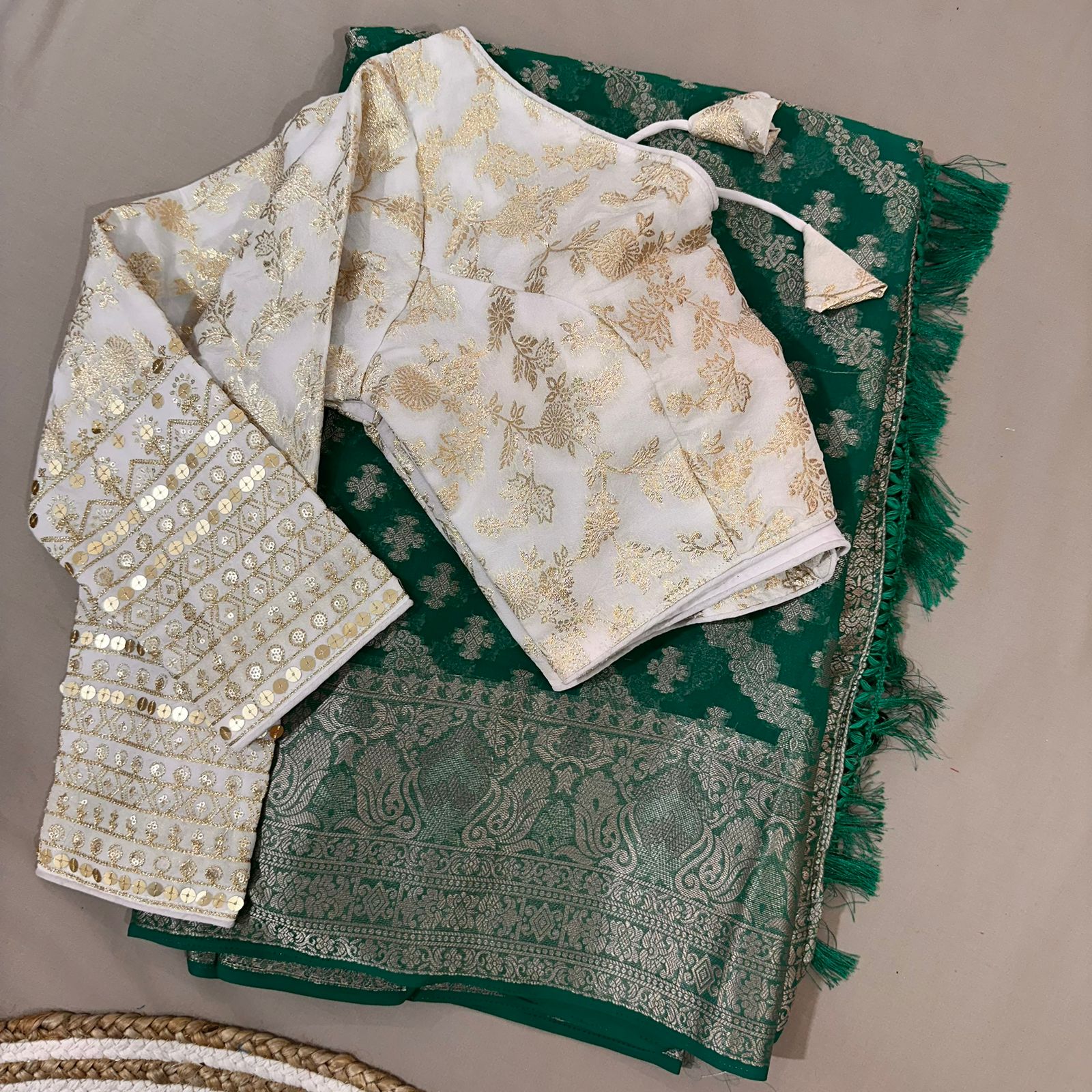 C Green Semi Geourgette Silk Saree With Redymade Blouse