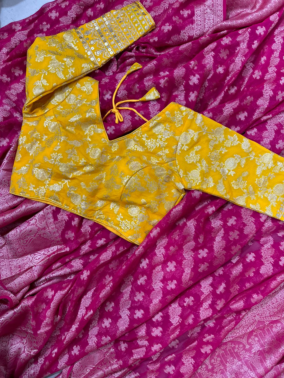 Pink Semi Geourgette Silk Saree With Redymade Blouse