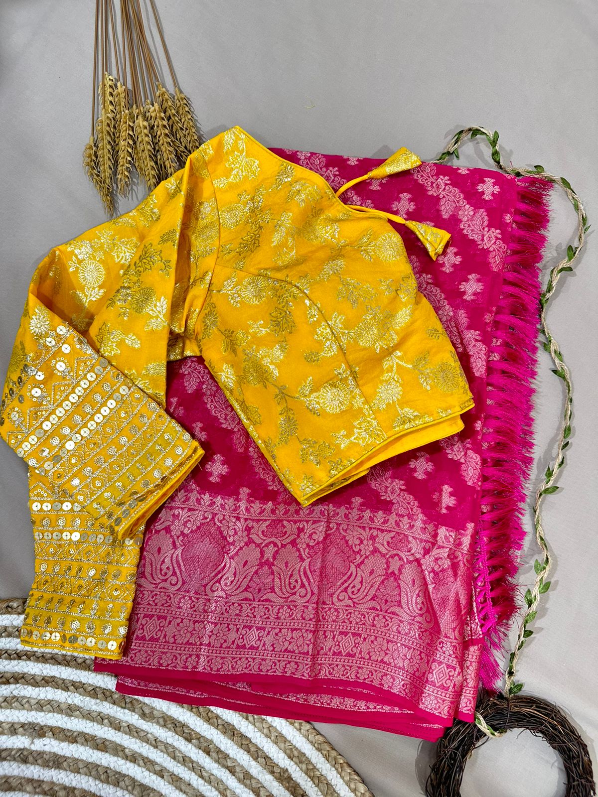 Pink Semi Geourgette Silk Saree With Redymade Blouse