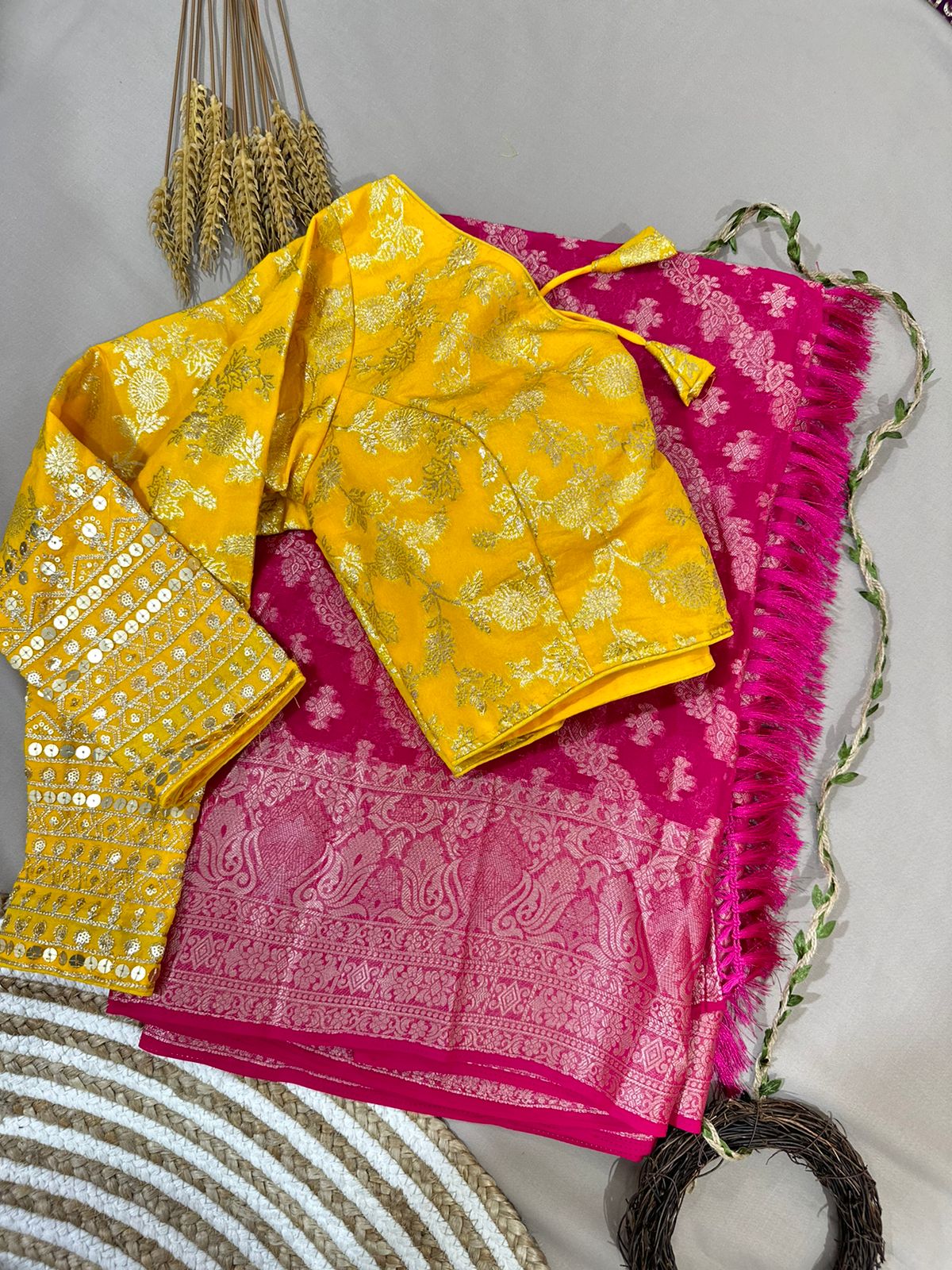 Pink Semi Geourgette Silk Saree With Redymade Blouse