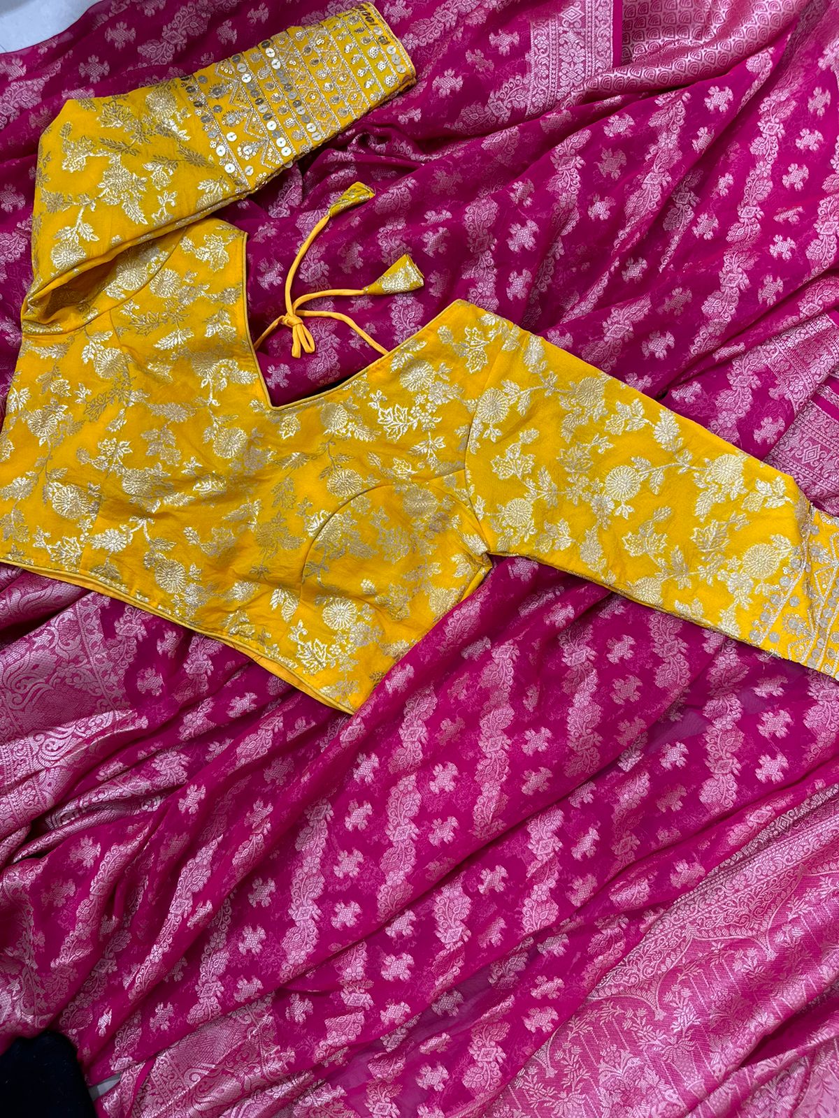 Pink Semi Geourgette Silk Saree With Redymade Blouse