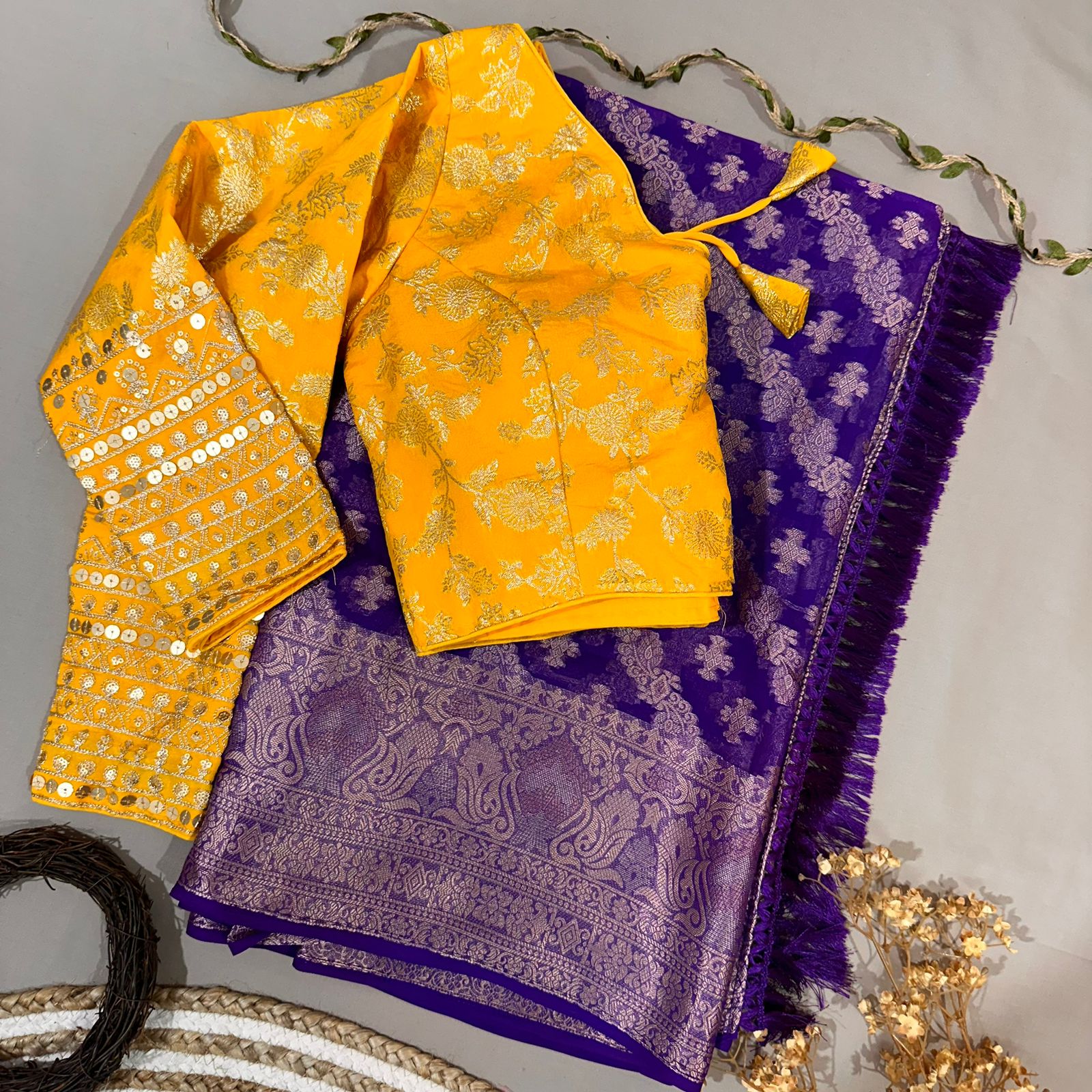 Puple Semi Geourgette Silk Saree With Redymade Blouse