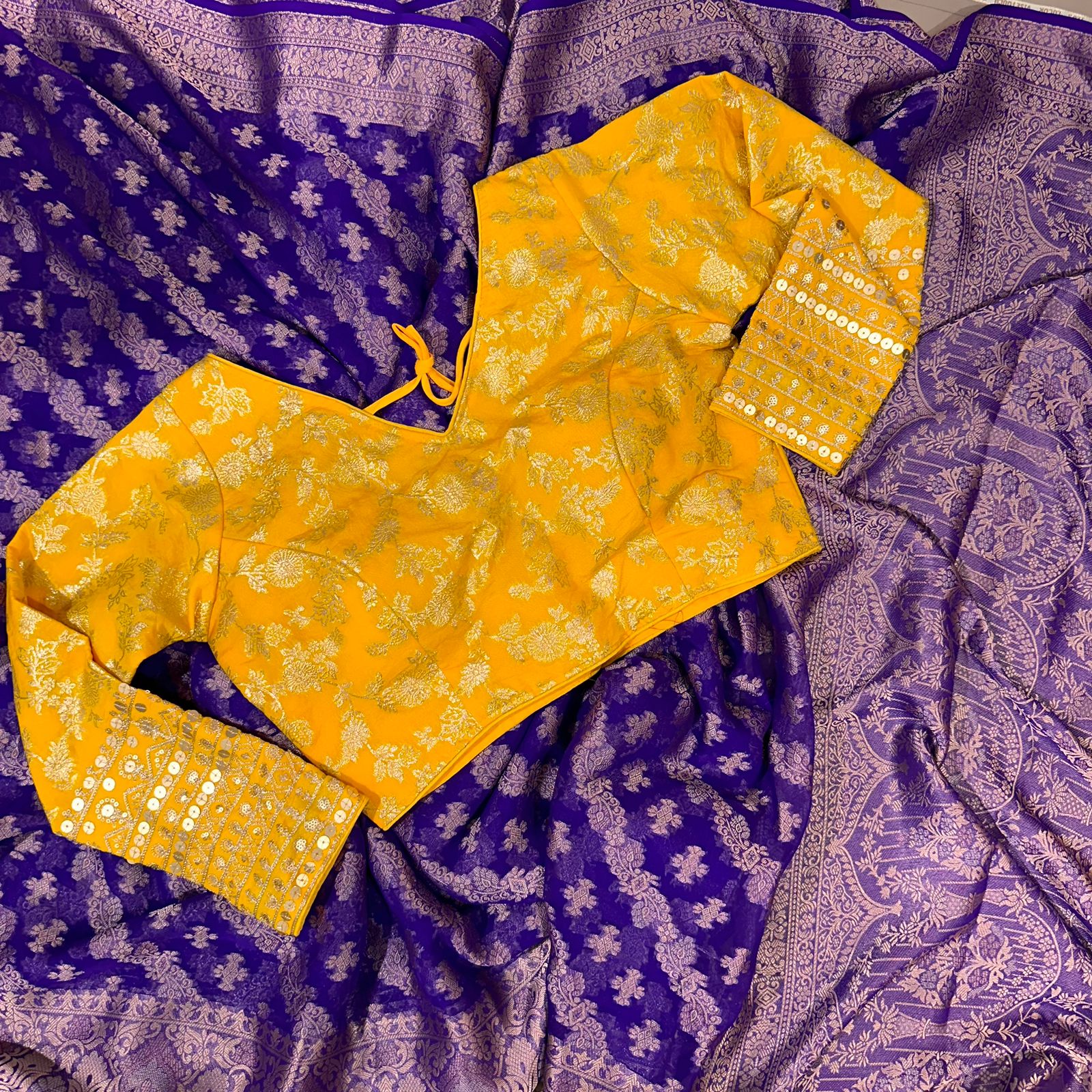 Puple Semi Geourgette Silk Saree With Redymade Blouse