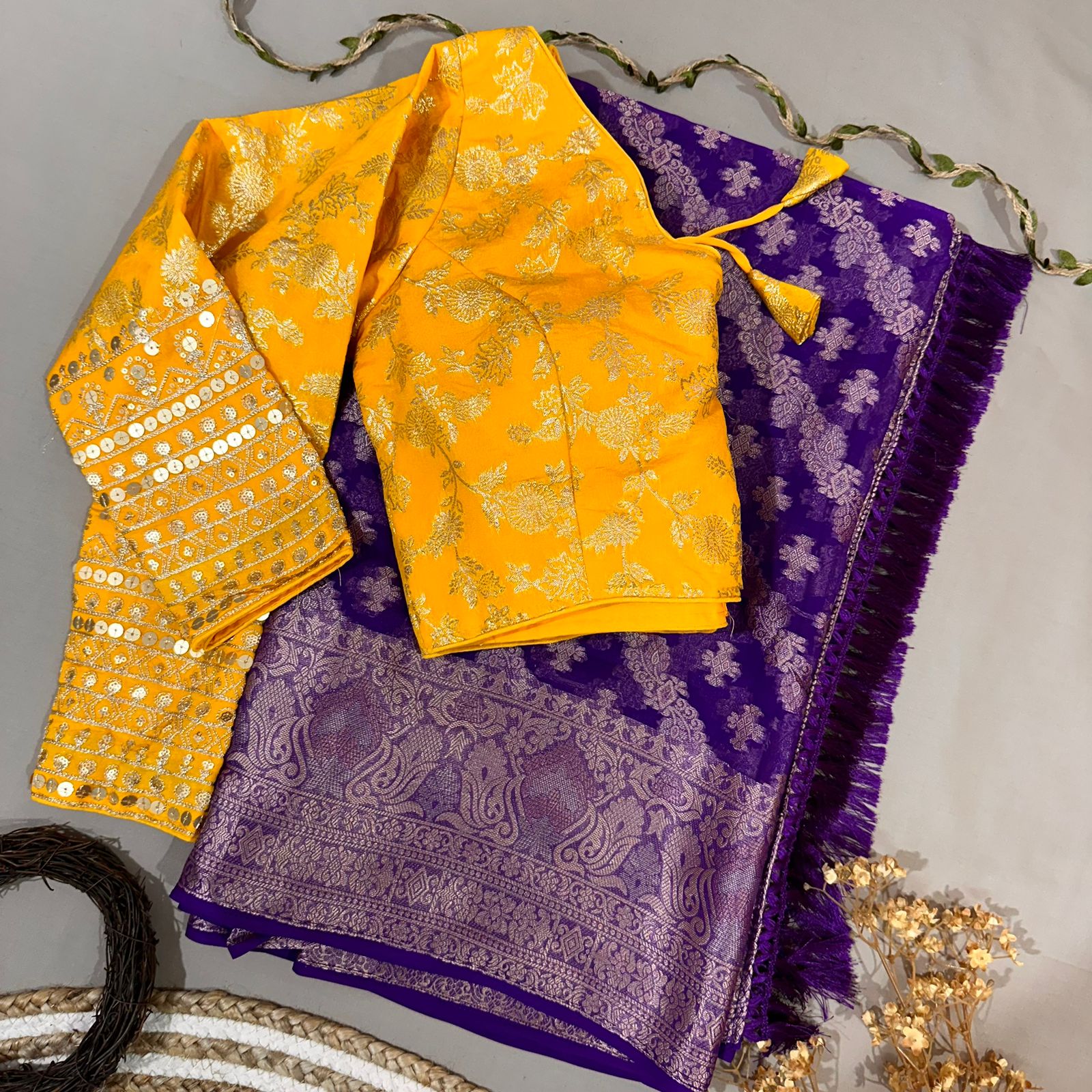 Puple Semi Geourgette Silk Saree With Redymade Blouse