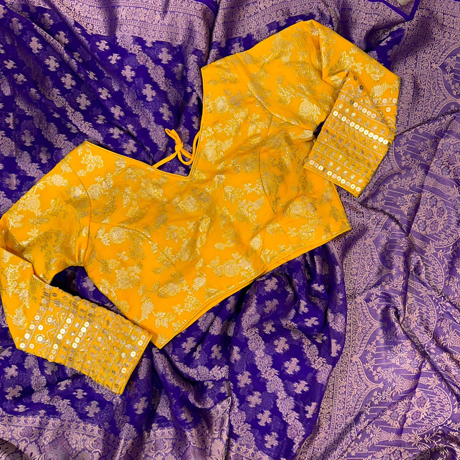 Puple Semi Geourgette Silk Saree With Redymade Blouse