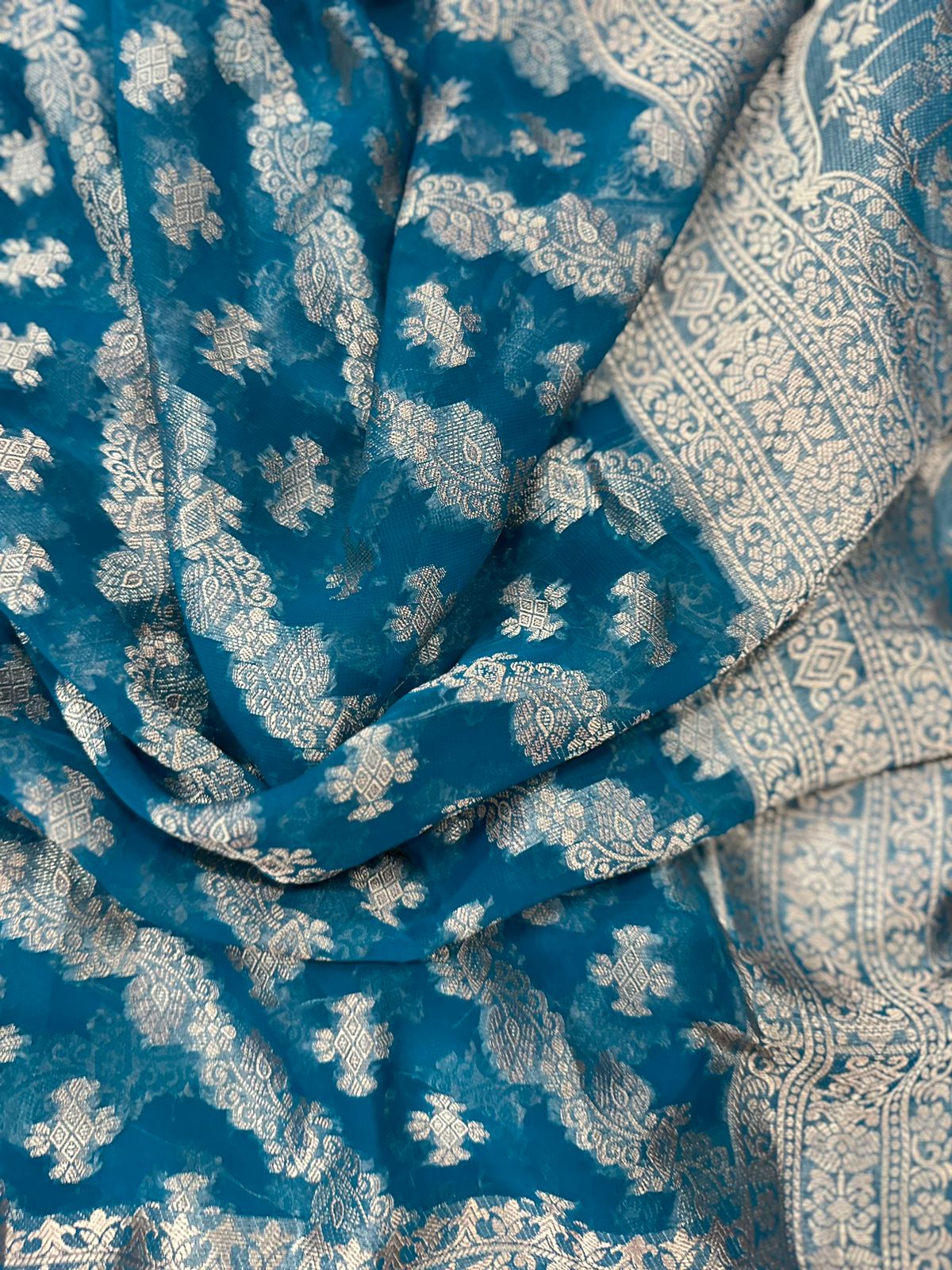 Light Firoji Blue Geourgette  Soft Silk Saree