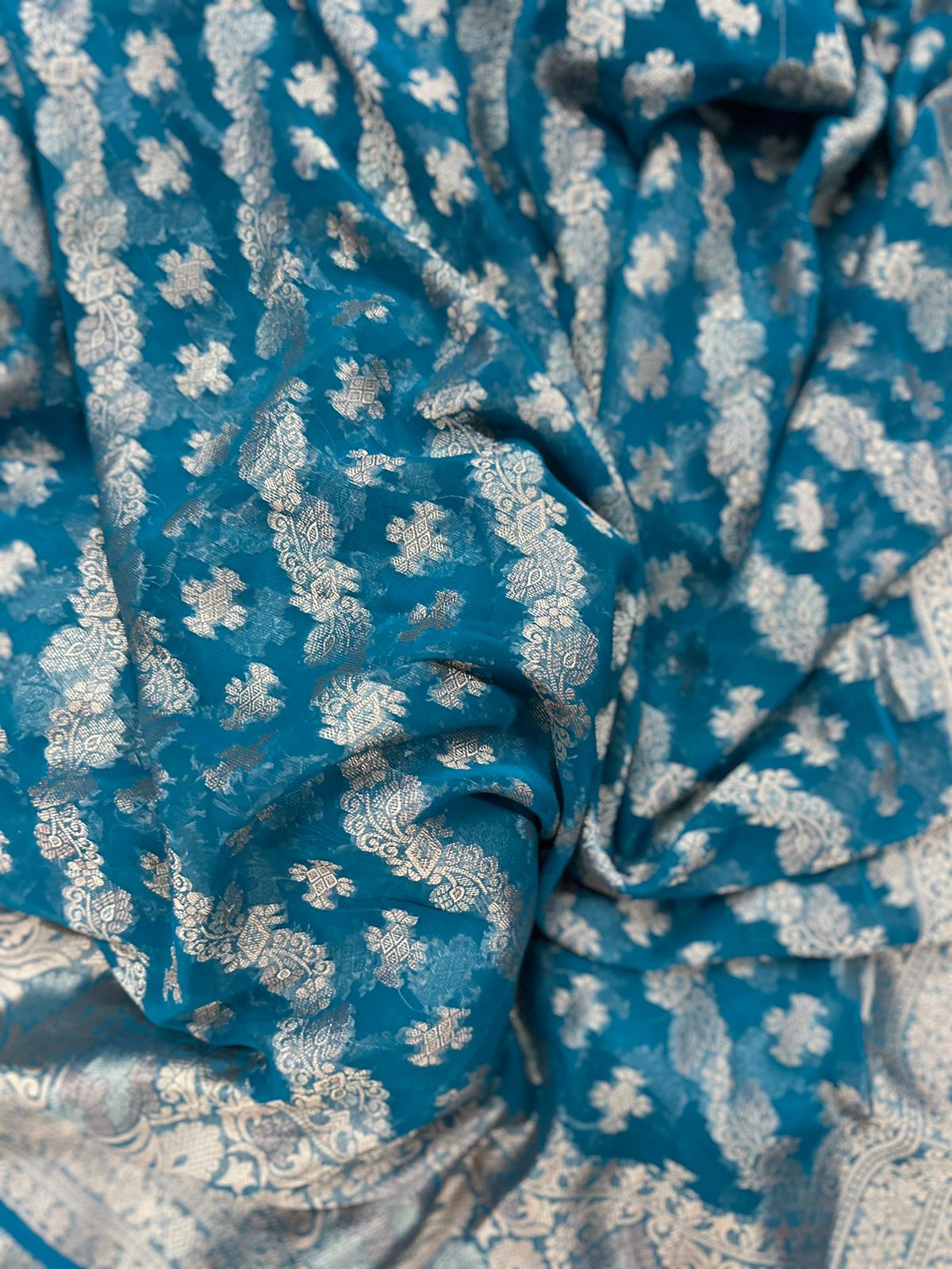 Light Firoji Blue Geourgette  Soft Silk Saree