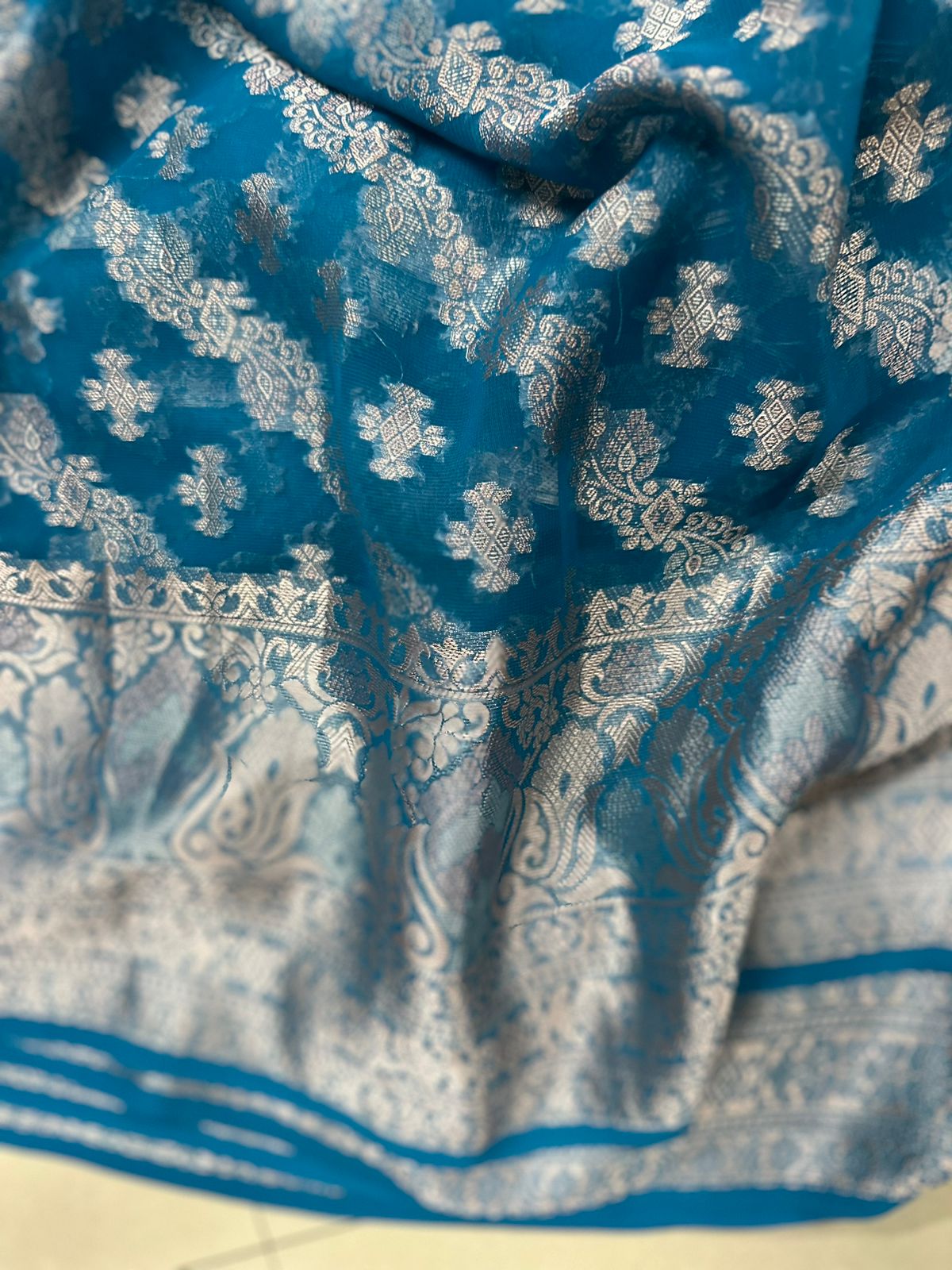 Light Firoji Blue Geourgette  Soft Silk Saree