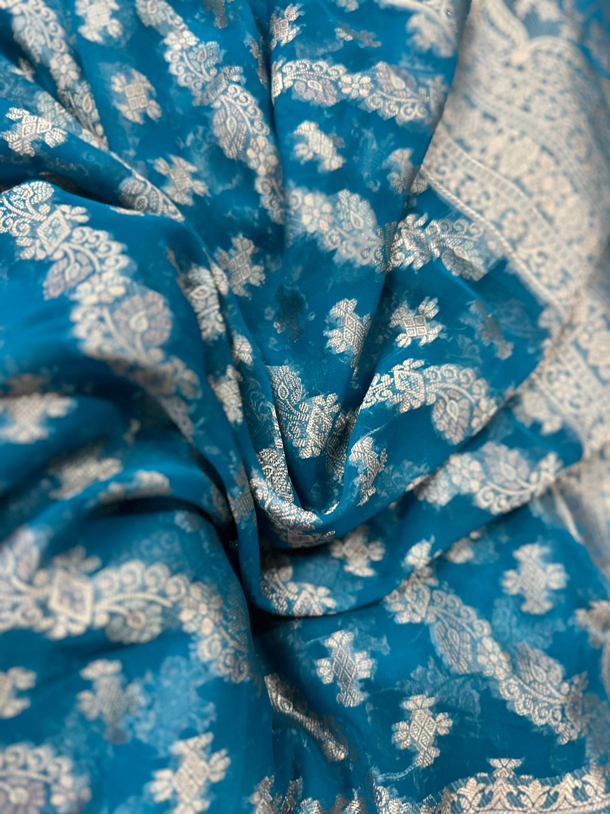 Light Firoji Blue Geourgette  Soft Silk Saree