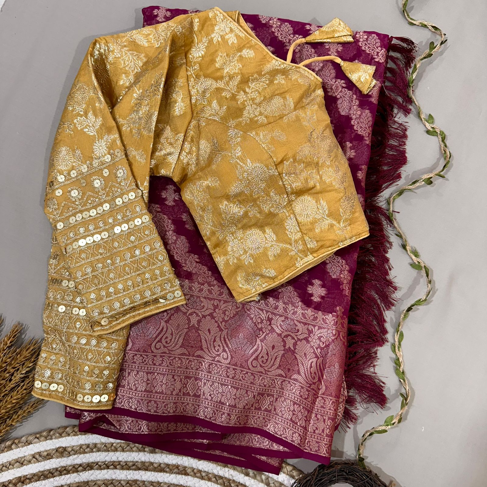 Wine Semi Geourgette Silk Saree With Redymade Blouse