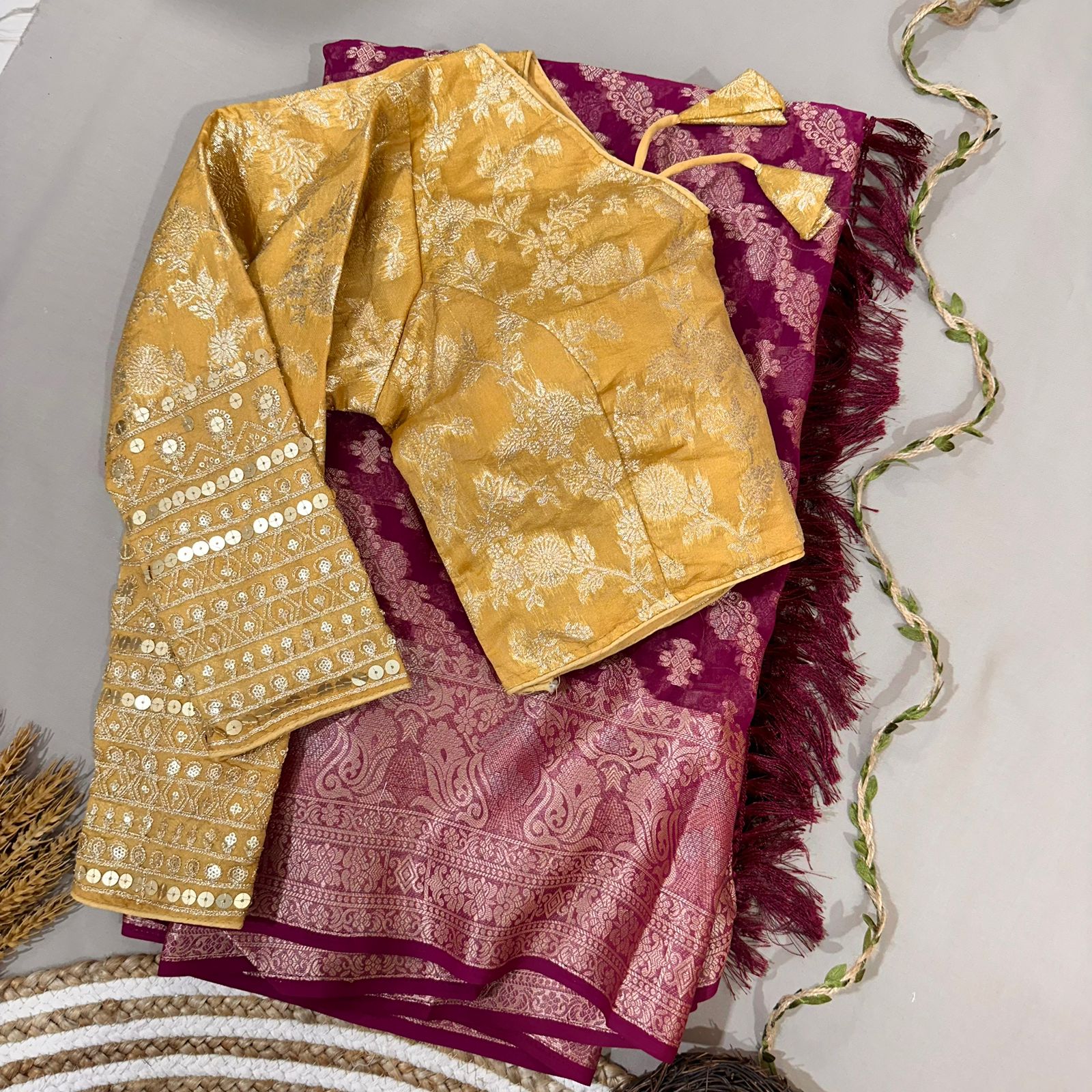 Wine Semi Geourgette Silk Saree With Redymade Blouse