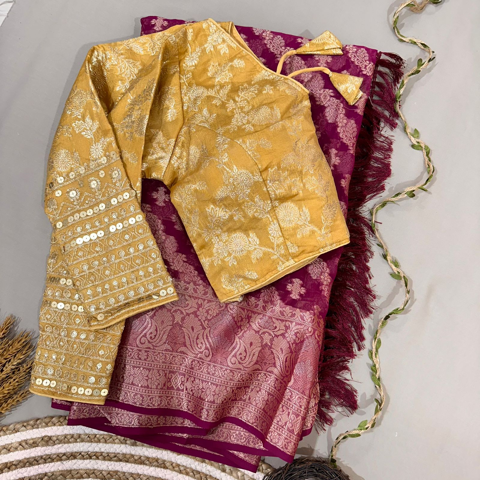 Wine Semi Geourgette Silk Saree With Redymade Blouse