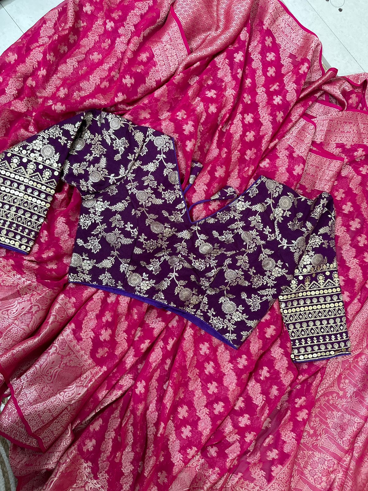 Pink Semi Geourgette Silk Saree With Redymade Blouse