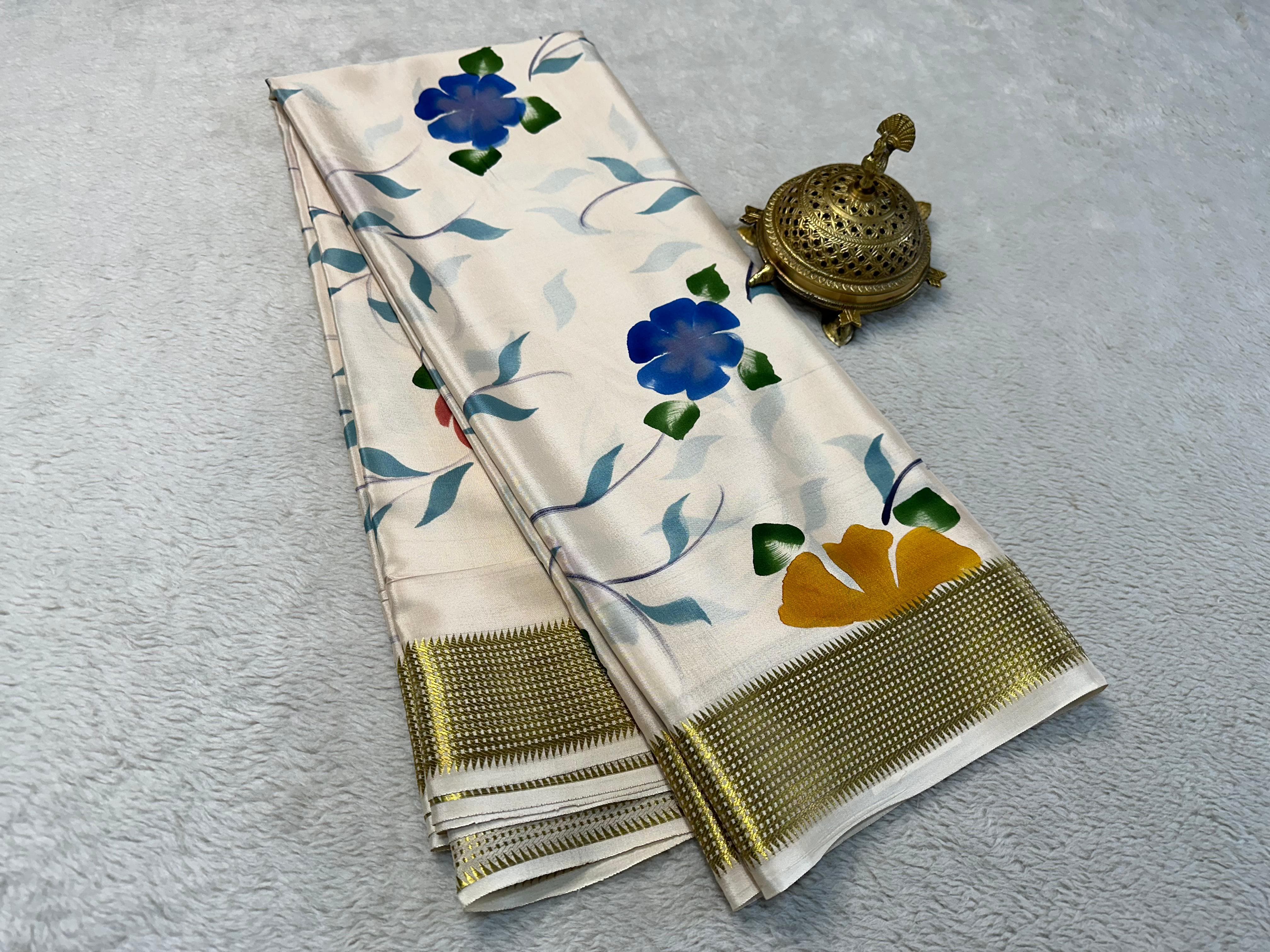 Half White Digital Printed Silk Saree Saree