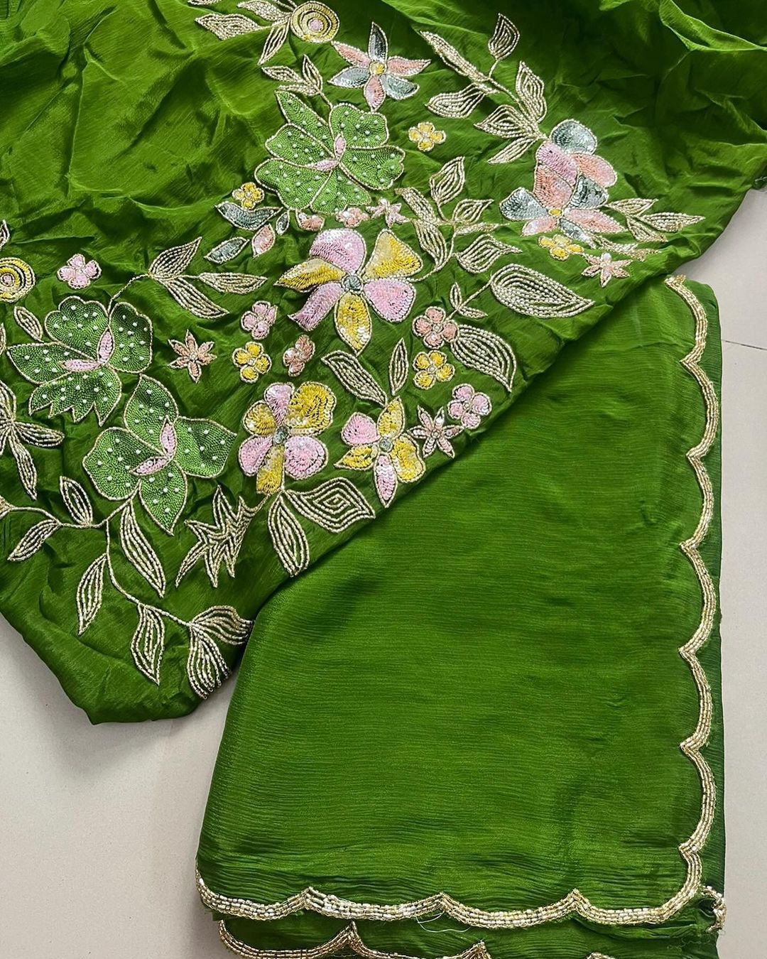 Green Pure Chinon Silk Saree With Hand Khatali Work Blouse