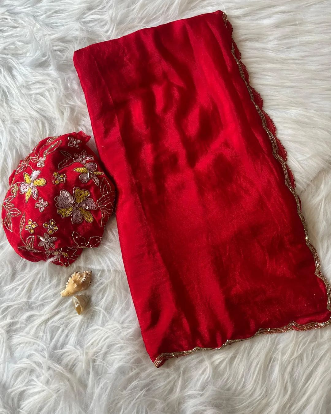 Red Pure Chinon Silk Saree With Hand Khatali Work Blouse