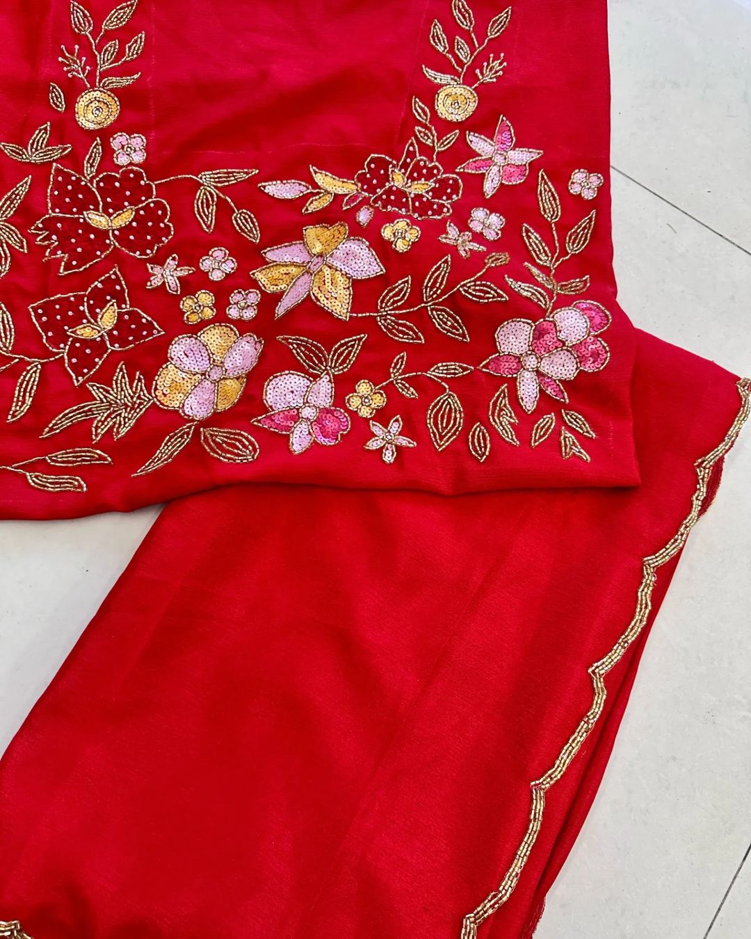 Red Pure Chinon Silk Saree With Hand Khatali Work Blouse