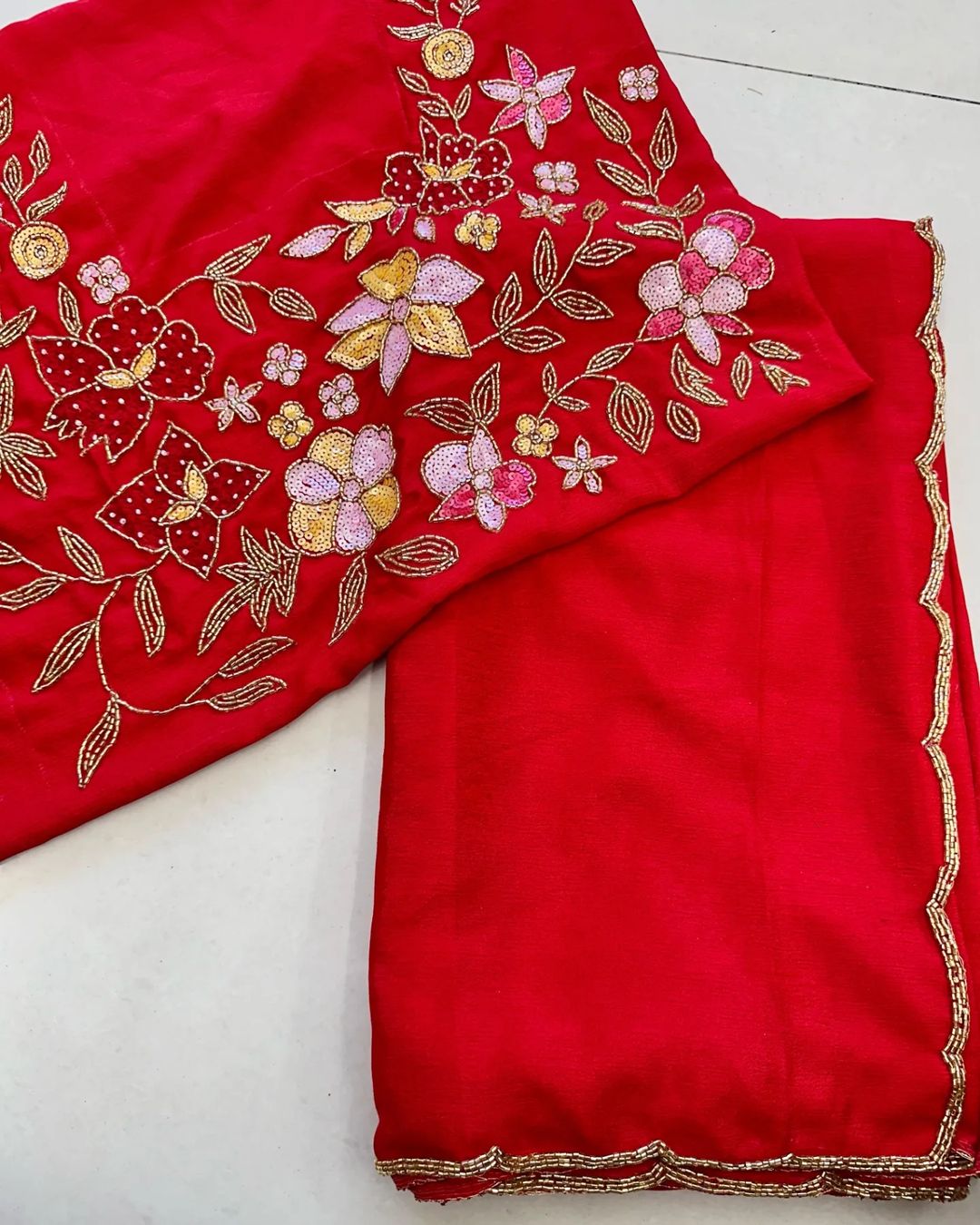 Red Pure Chinon Silk Saree With Hand Khatali Work Blouse