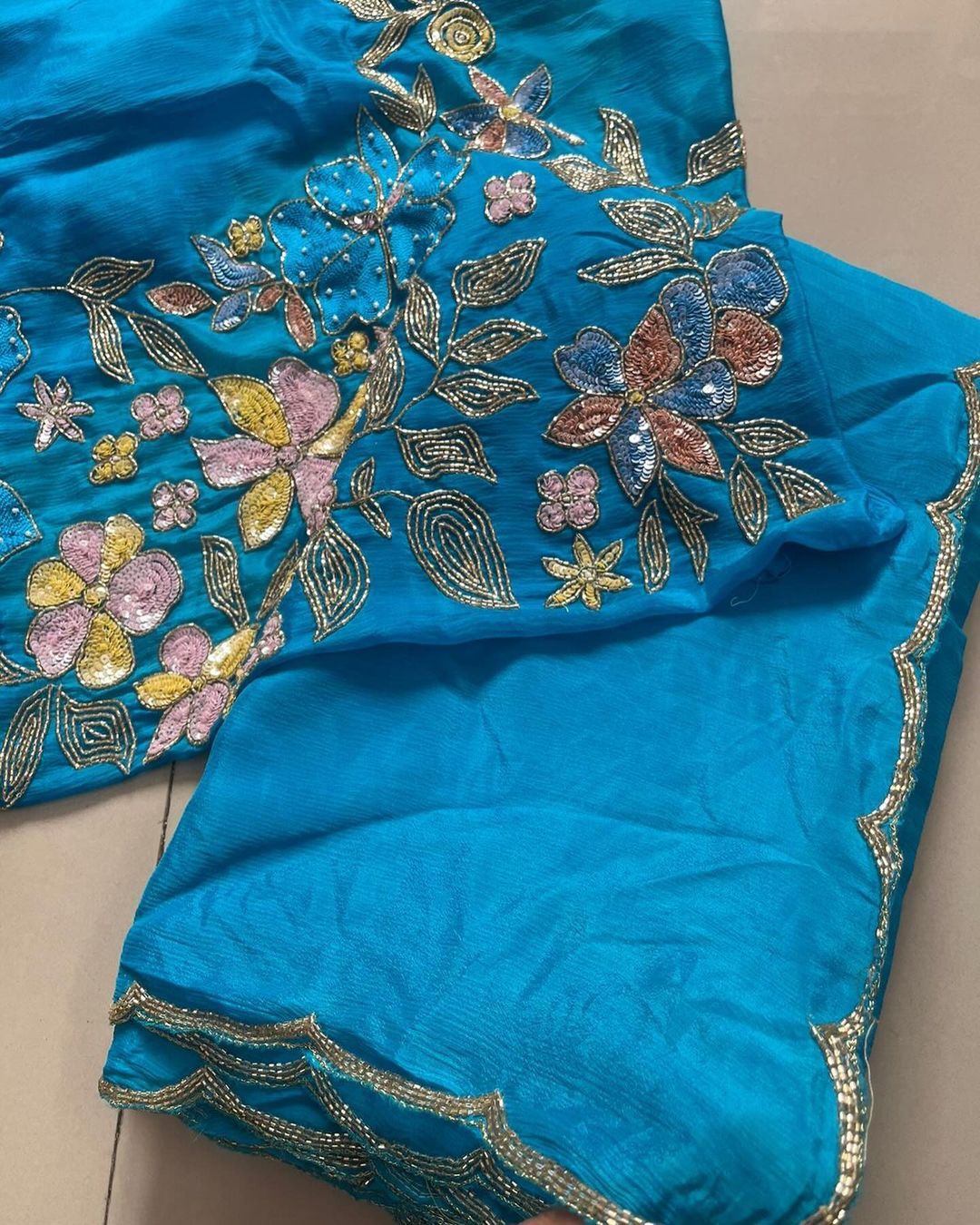 Sky Pure Chinon Silk Saree With Hand Khatali Work Blouse