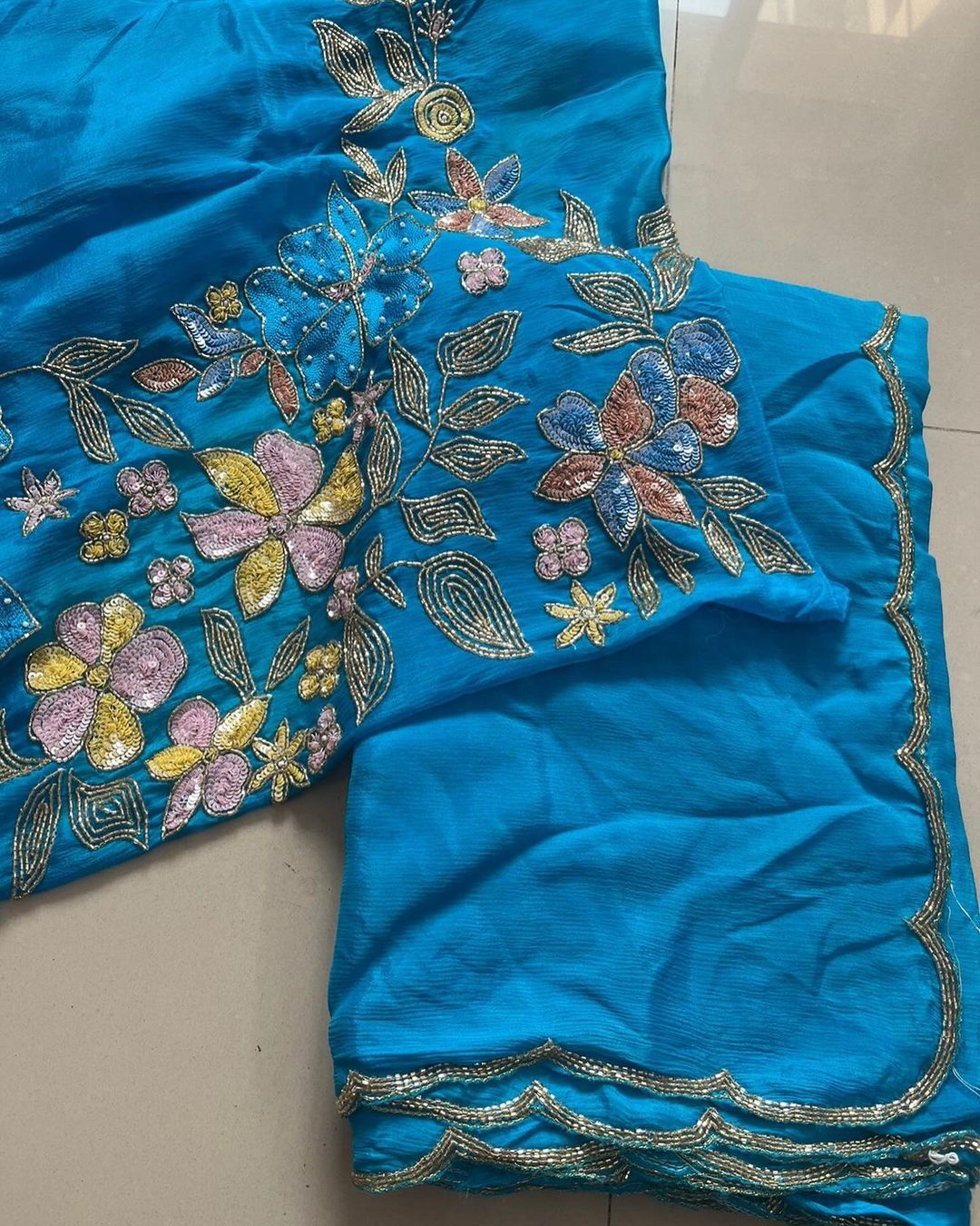 Sky Pure Chinon Silk Saree With Hand Khatali Work Blouse