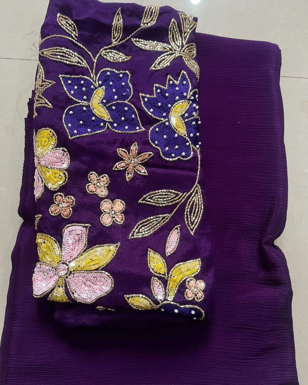 Purple Pure Chinon Silk Saree With Hand Khatali Work Blouse