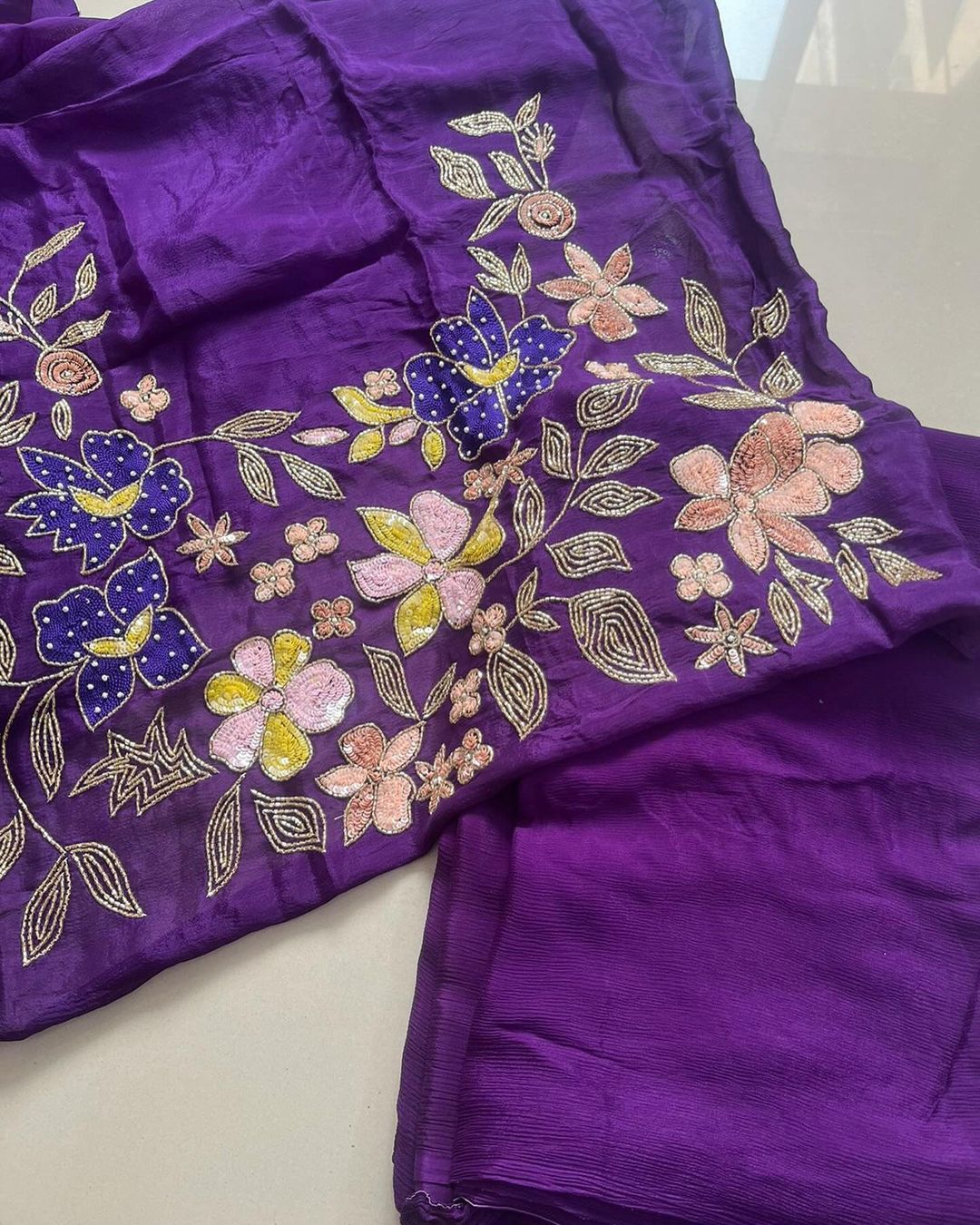 Purple Pure Chinon Silk Saree With Hand Khatali Work Blouse