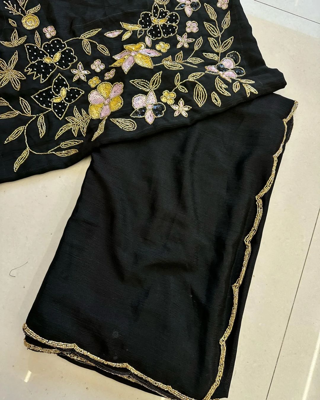 Black Pure Chinon Silk Saree With Hand Khatali Work Blouse