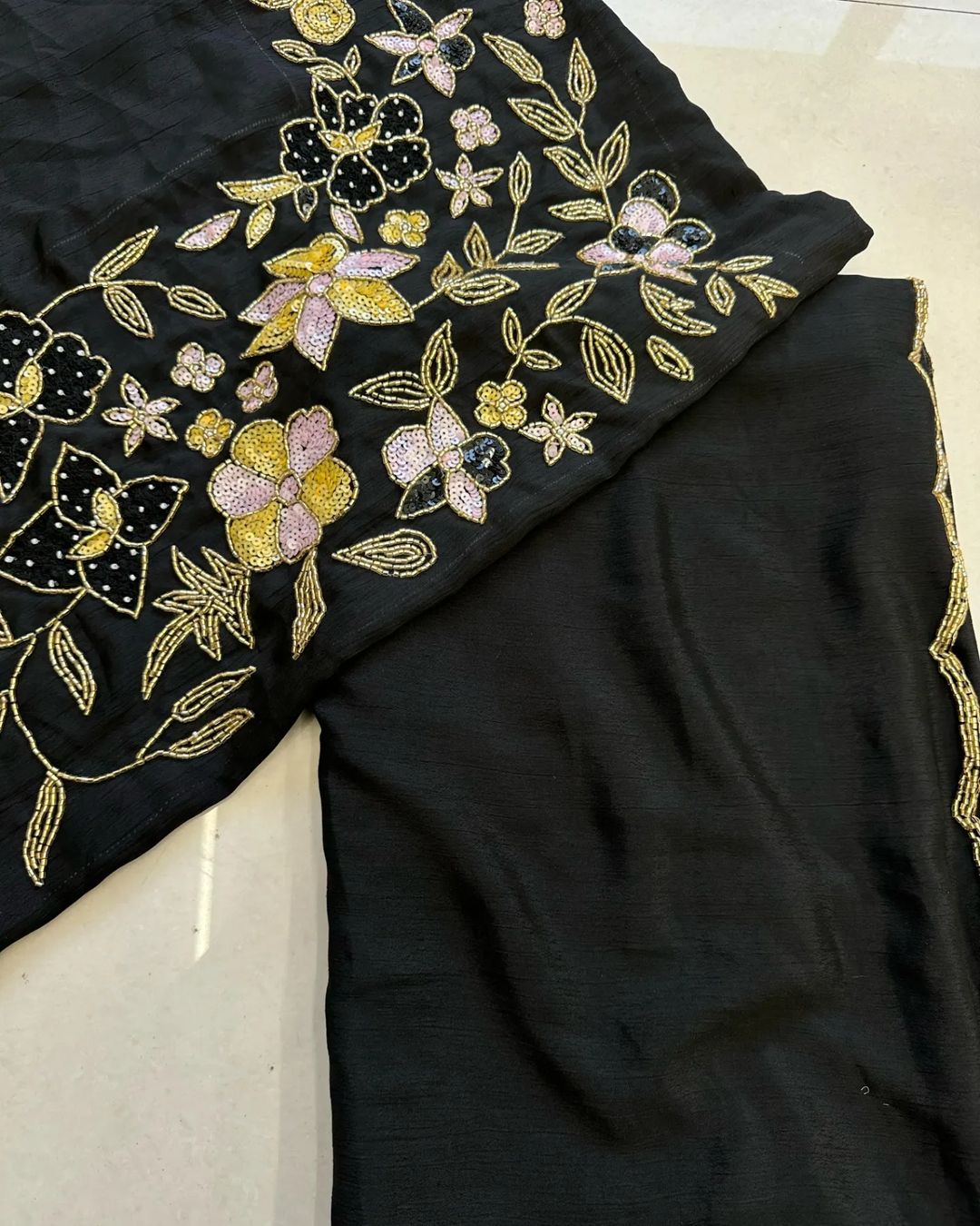 Black Pure Chinon Silk Saree With Hand Khatali Work Blouse