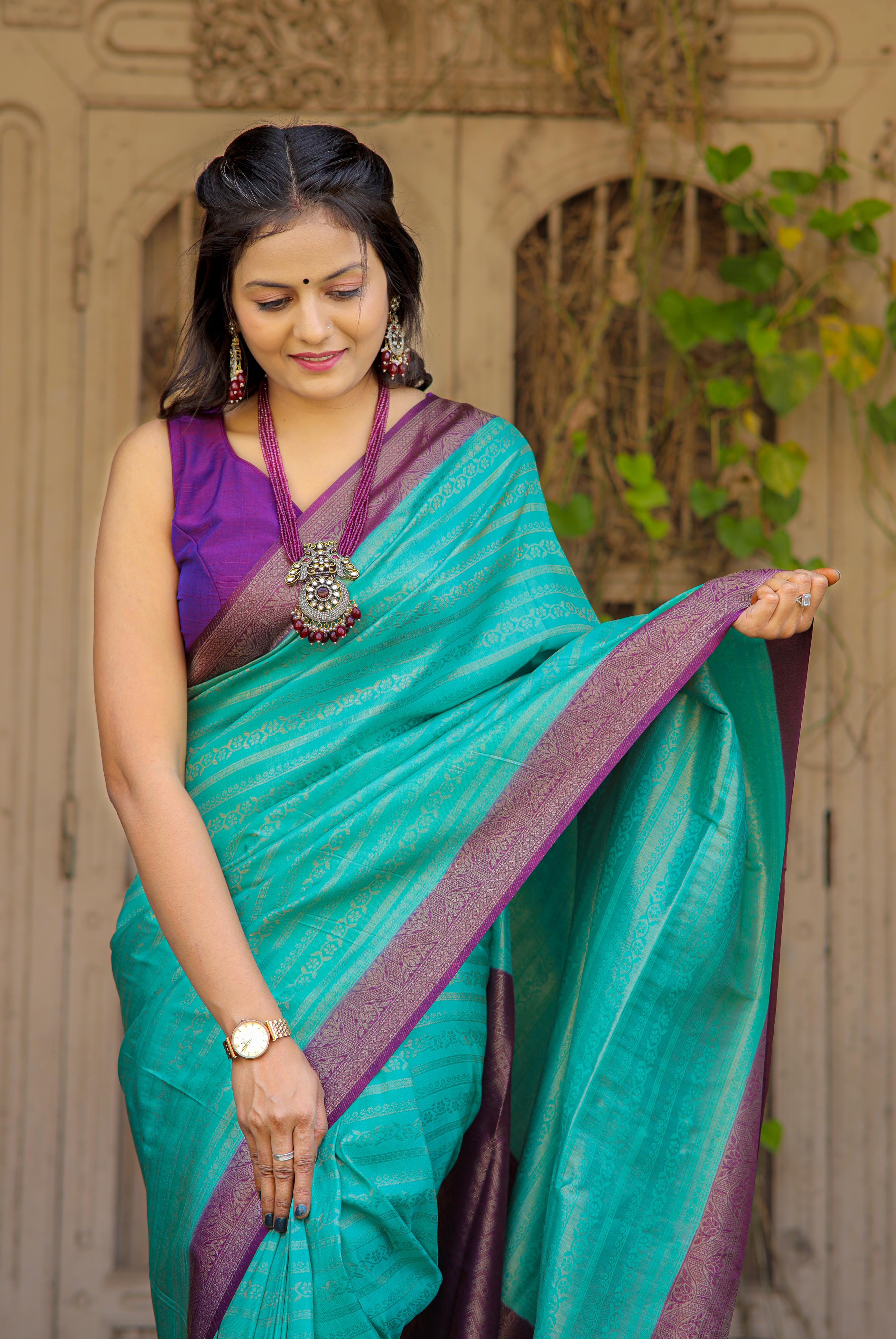 Sky Blue Nd Purple Designer Soft Silk Saree