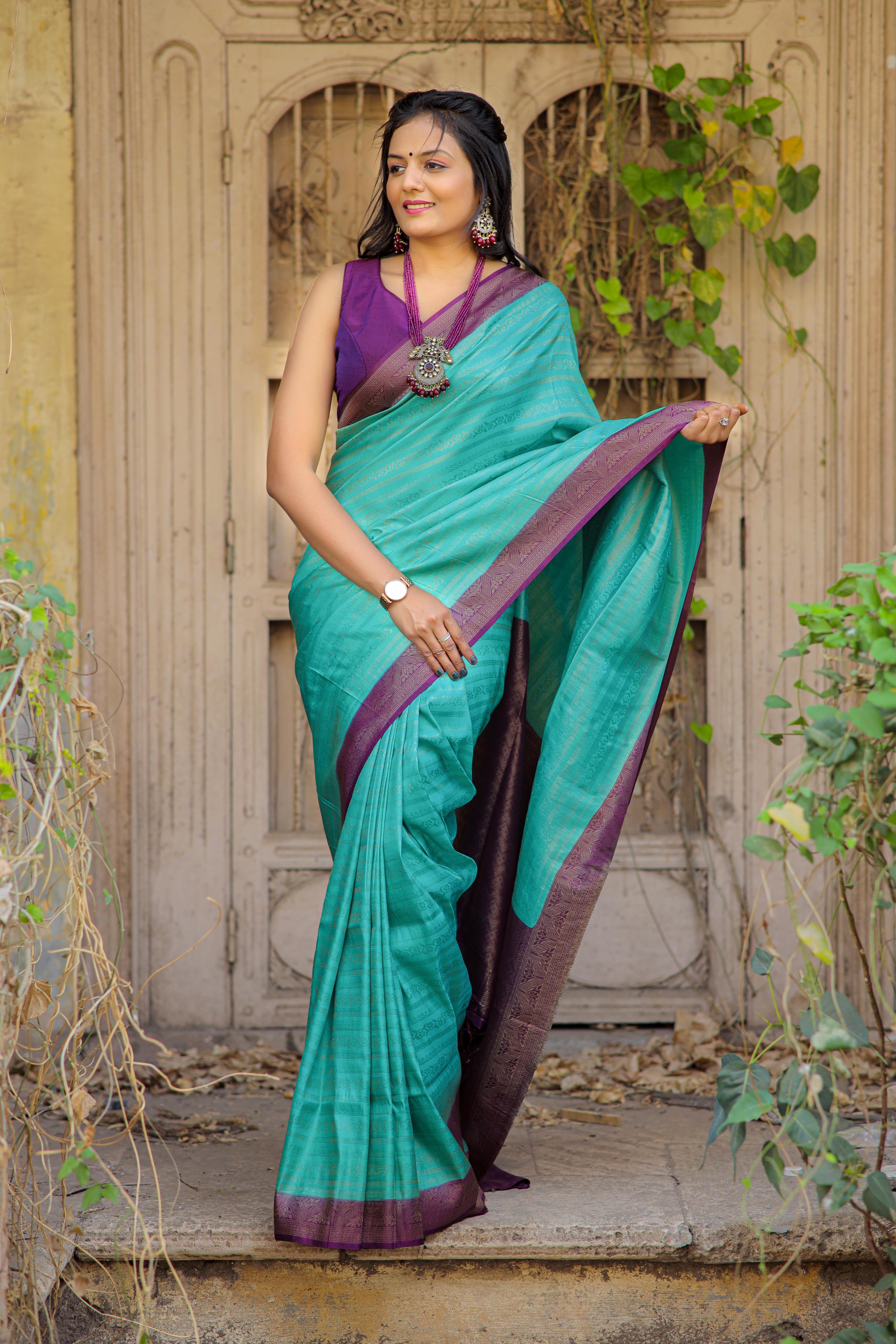 Sky Blue Nd Purple Designer Soft Silk Saree