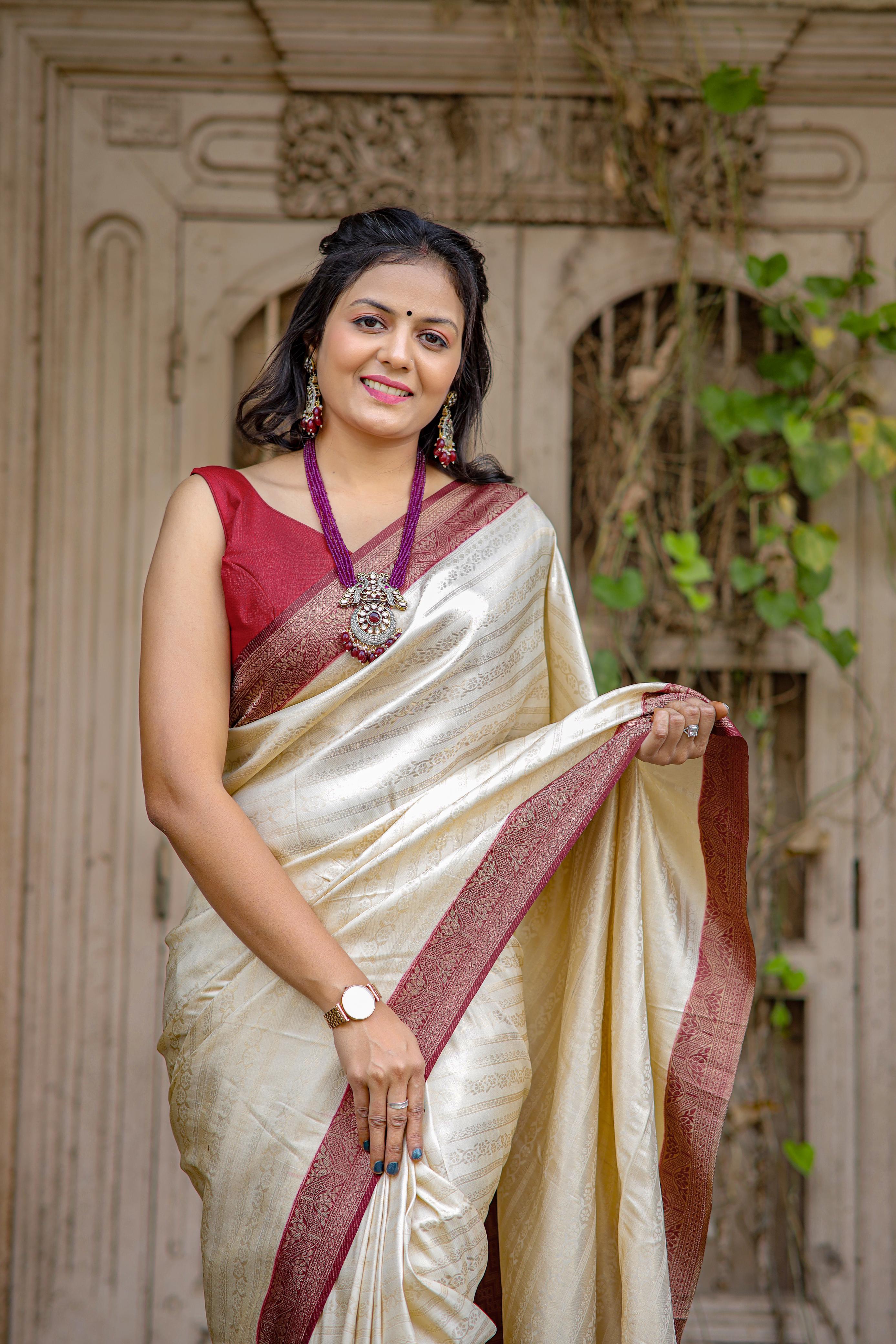 Half White Nd Maroon Designer Soft Silk saree