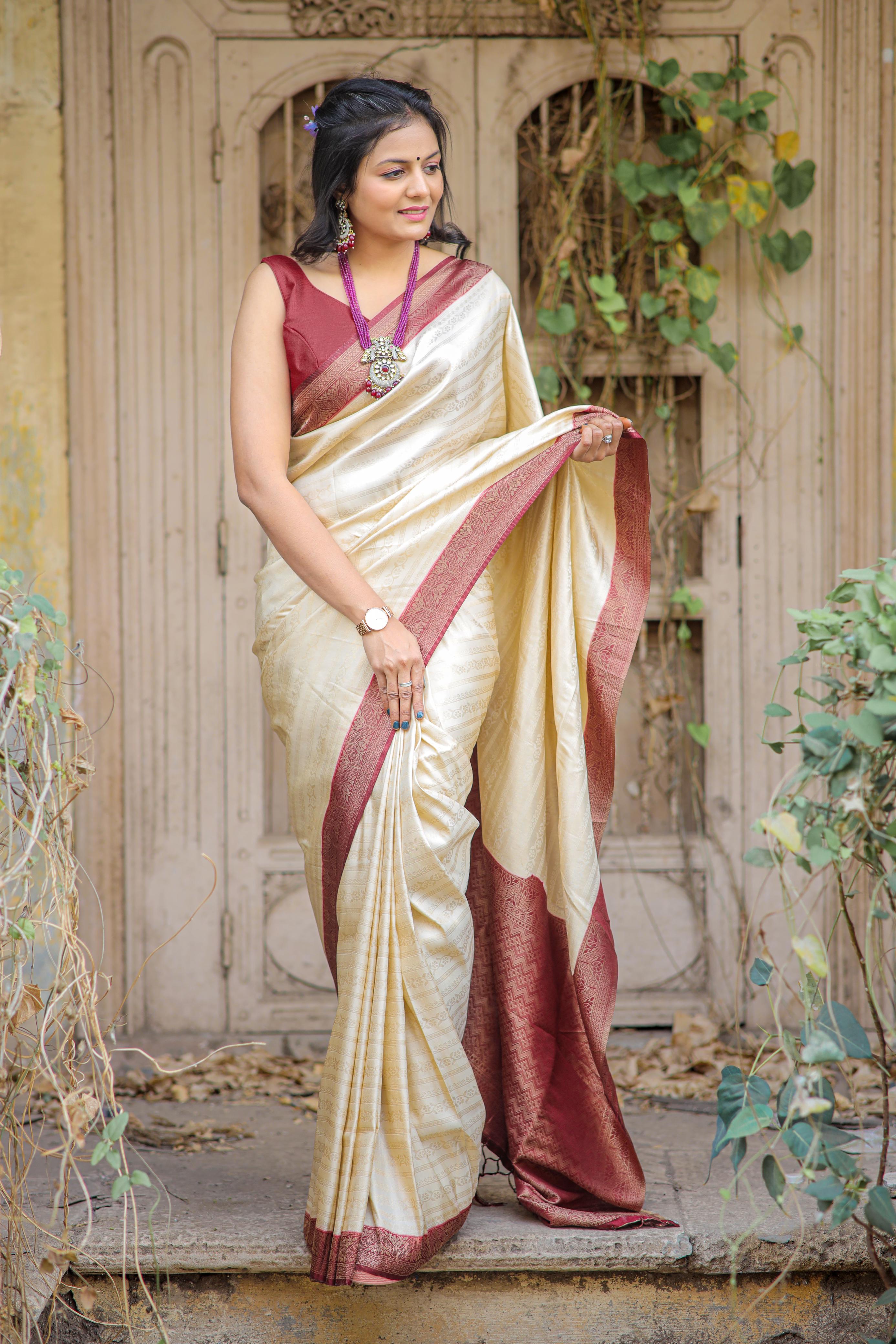 Half White Nd Maroon Designer Soft Silk saree