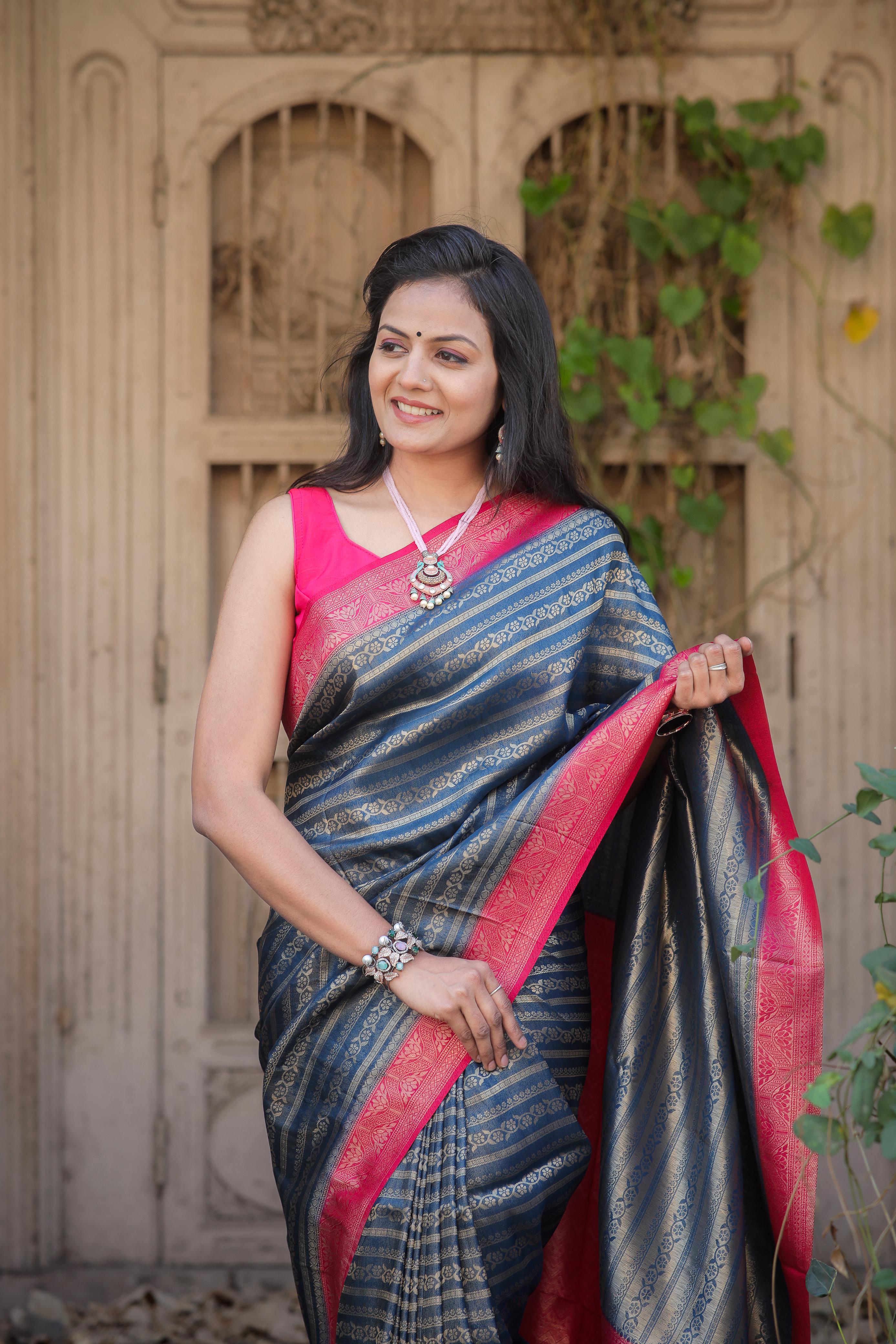 Navy Blue Nd Red Designer Soft Silk Saree