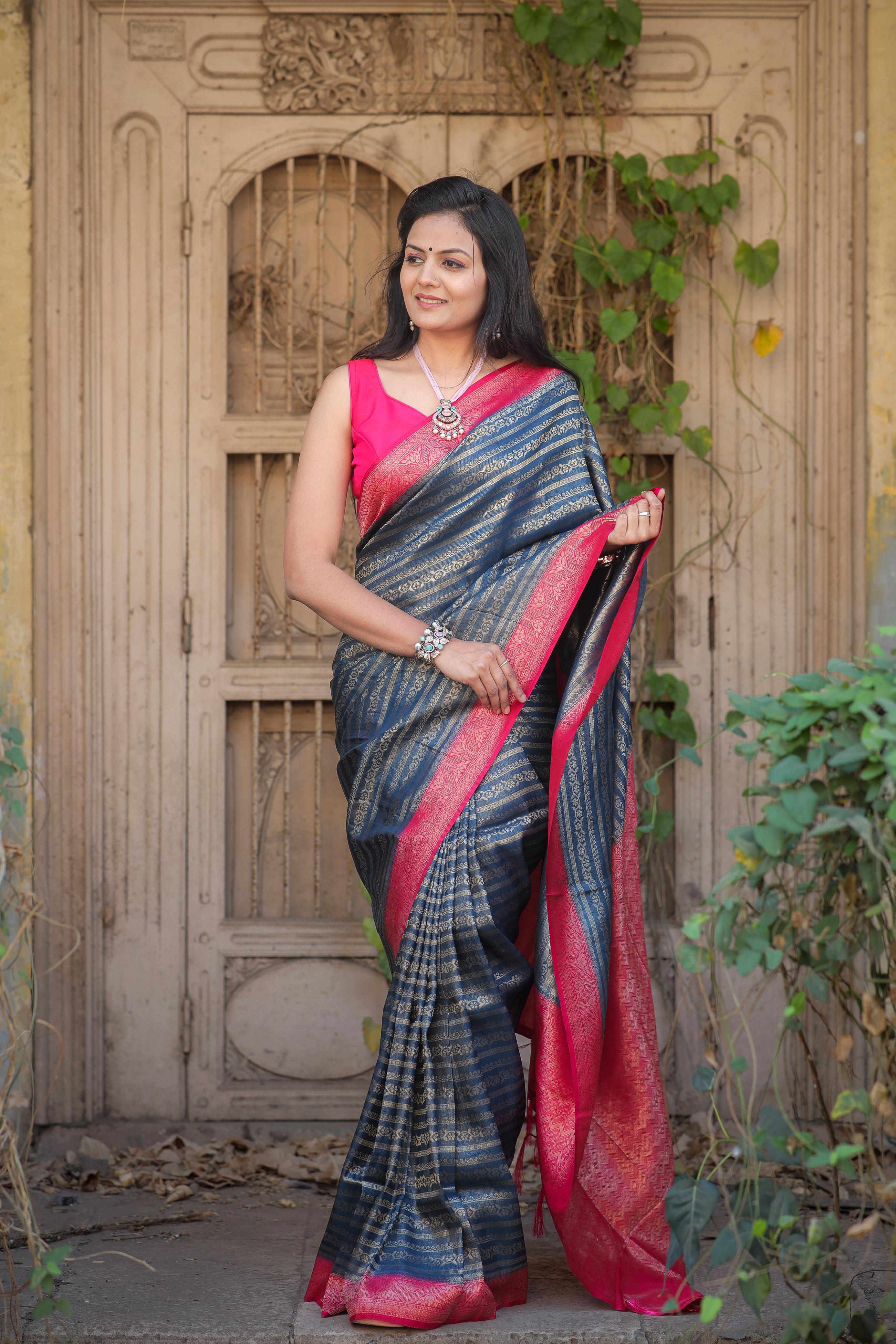 Navy Blue Nd Red Designer Soft Silk Saree