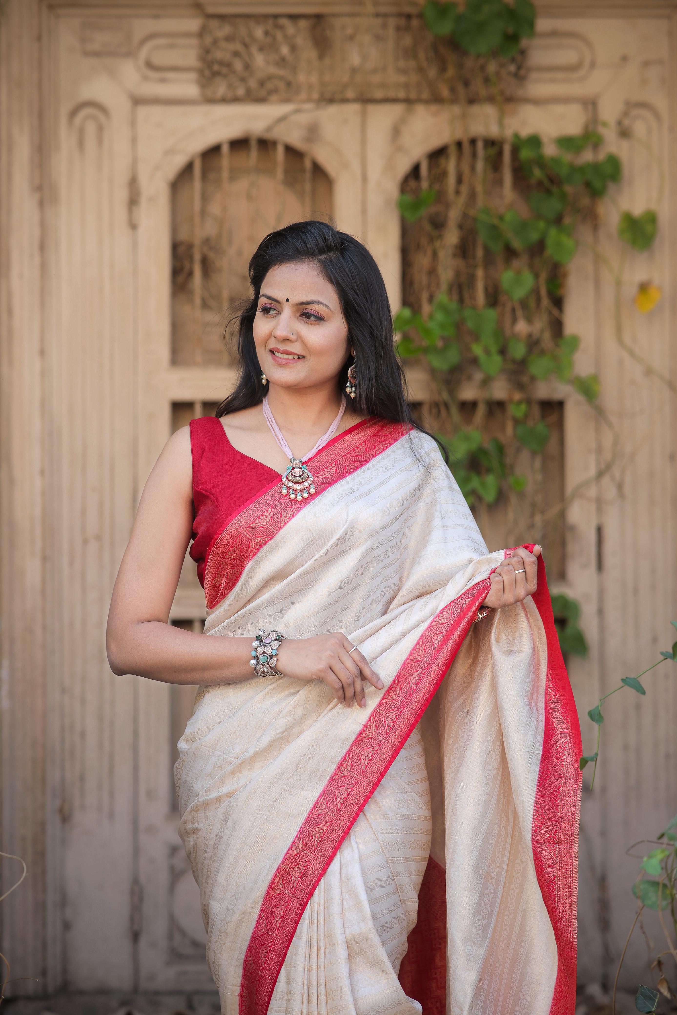 White Nd Red Designer Soft Silk Saree