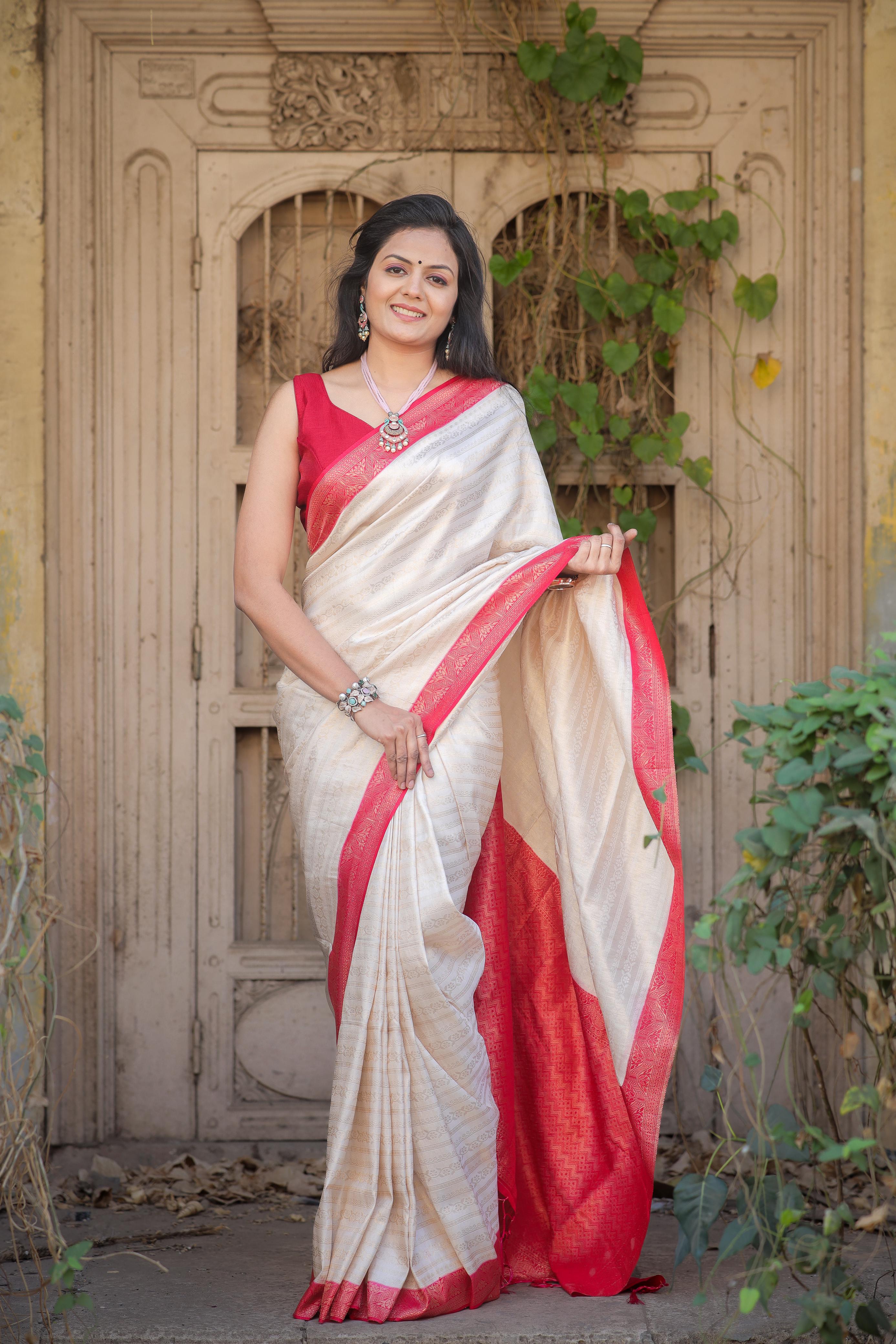 White Nd Red Designer Soft Silk Saree