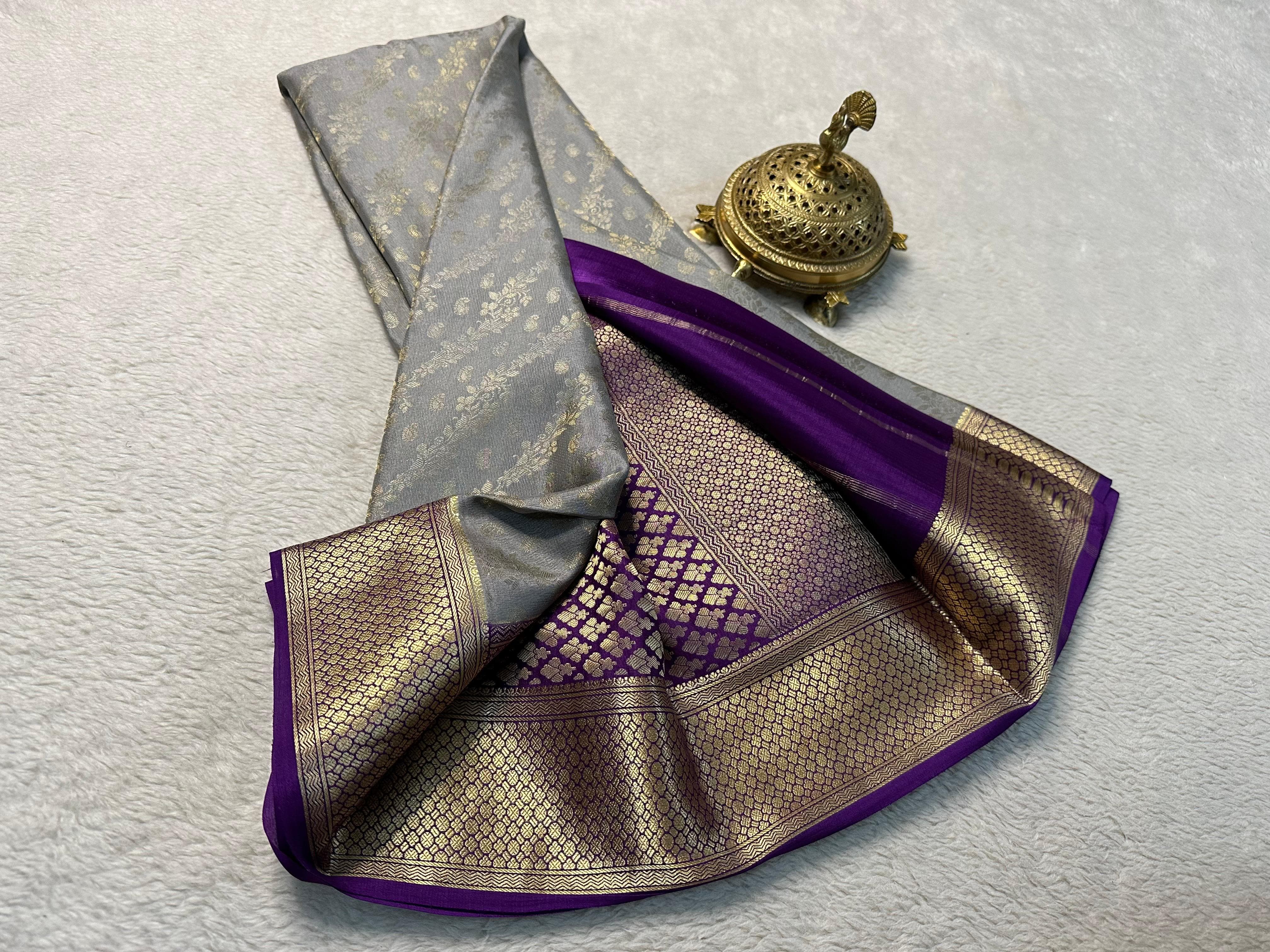 Grey Nd Purple Blue Semi Silk Saree