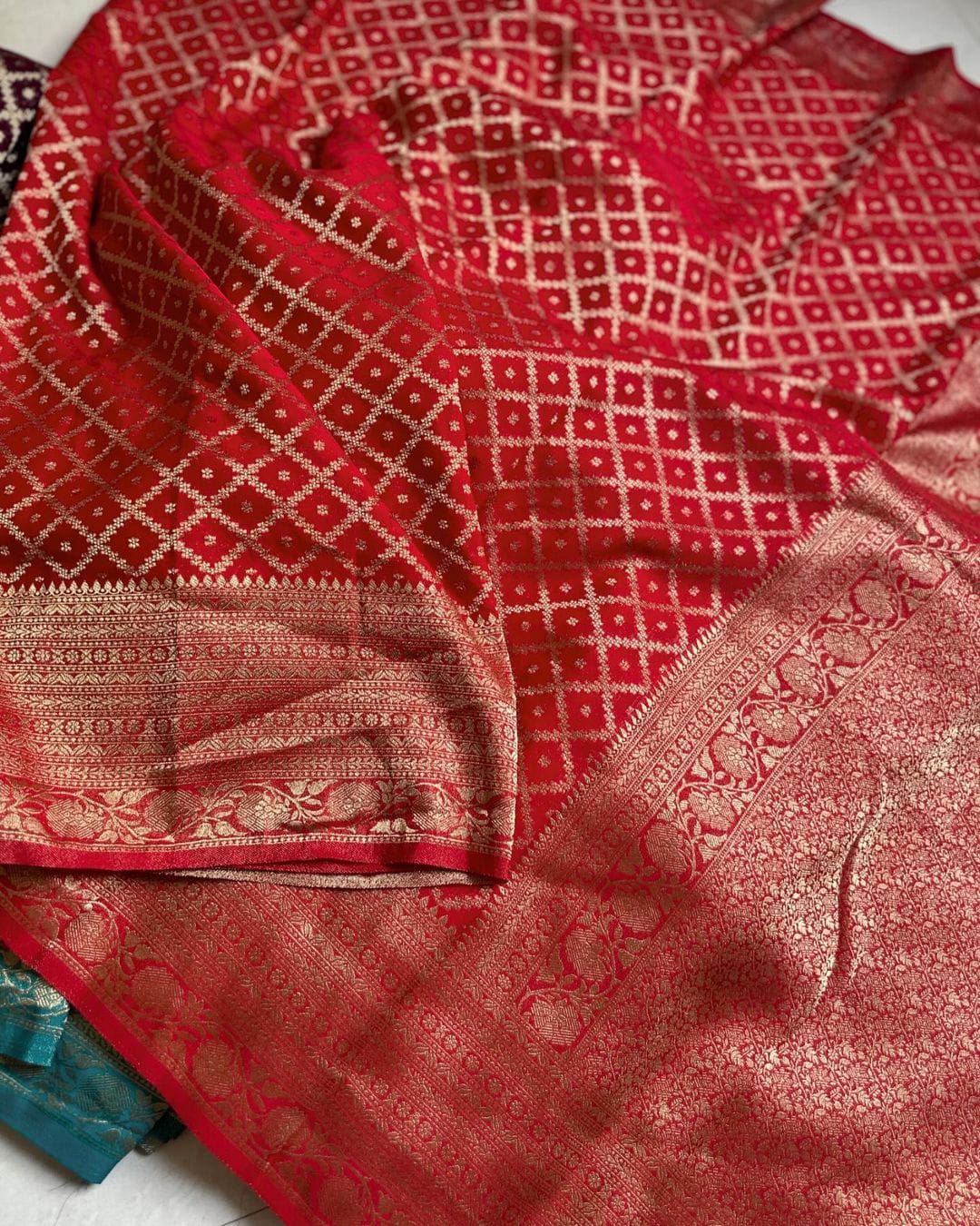 Red Crepe Khadi Georgette  Silk Saree